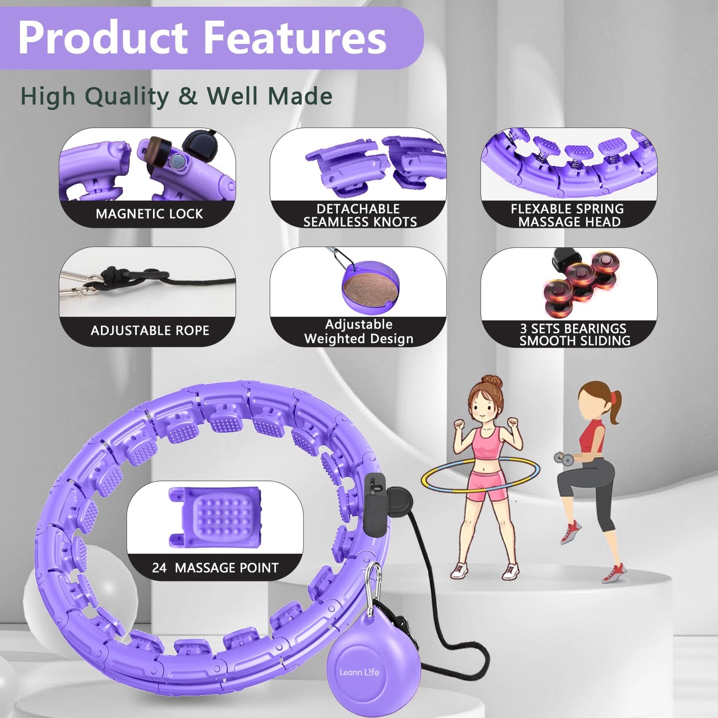Leann L!fe U1-30 Knots Waist 56”, Magnetic Lock Smart Weighted Hula Hoop for Adults Weight Loss, Infinity Hoop Plus Size, Children Adult Home Outdoors, Fitness Exercise, Abdominal Toner,Light Purple