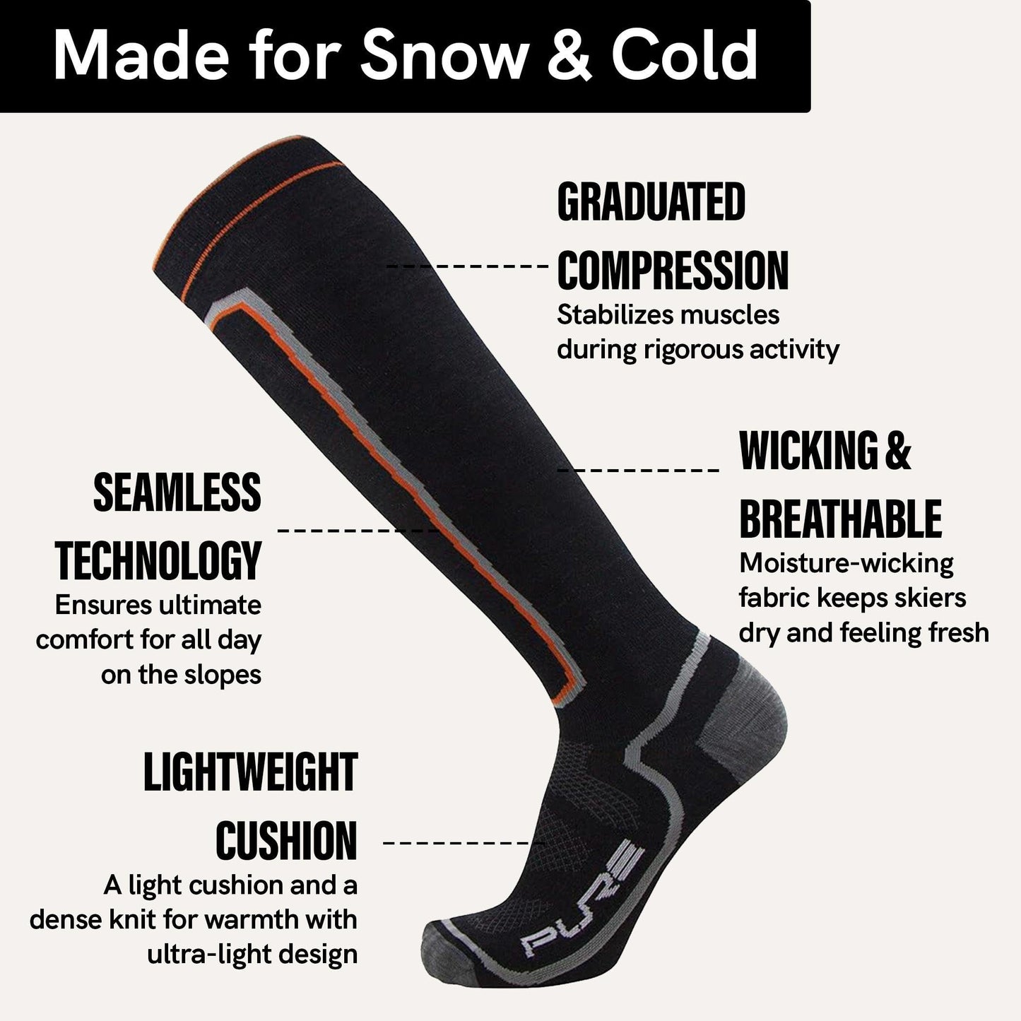 Pure Athlete Ultra Light Ski Socks – Thin Premium Merino Wool Skiing for Men, Women – Snowboard (Large, 3 Pairs - Black)