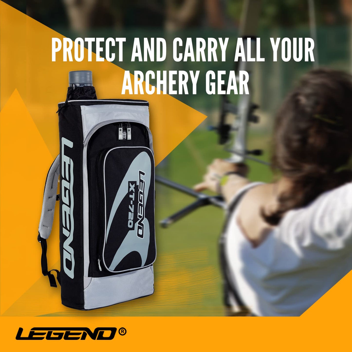 Legend - XT720 Recurve Bow Case (Grey) | Backpack Style Bag with Heavy Duty Foam Padding for Portable Protection of Recurve Bows & Risers up to 27" | Telescopic Arrow Tube Extends Up to 35"