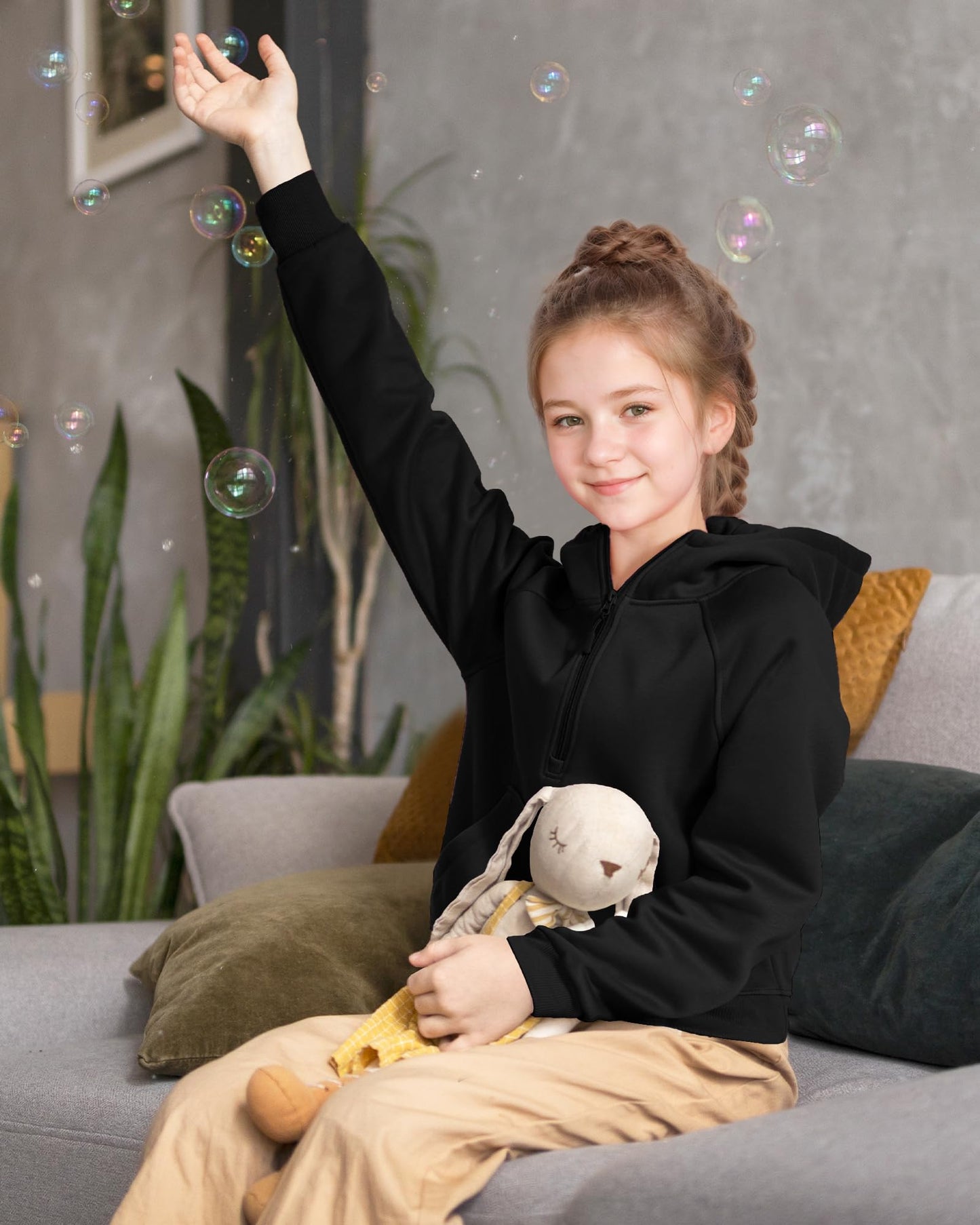 KEREDA Girls Half Zip Hoodies Fleece Pullover Sweatshirt Long Sleeve Winter Clothes Thumb Hole Black 9-10 Years