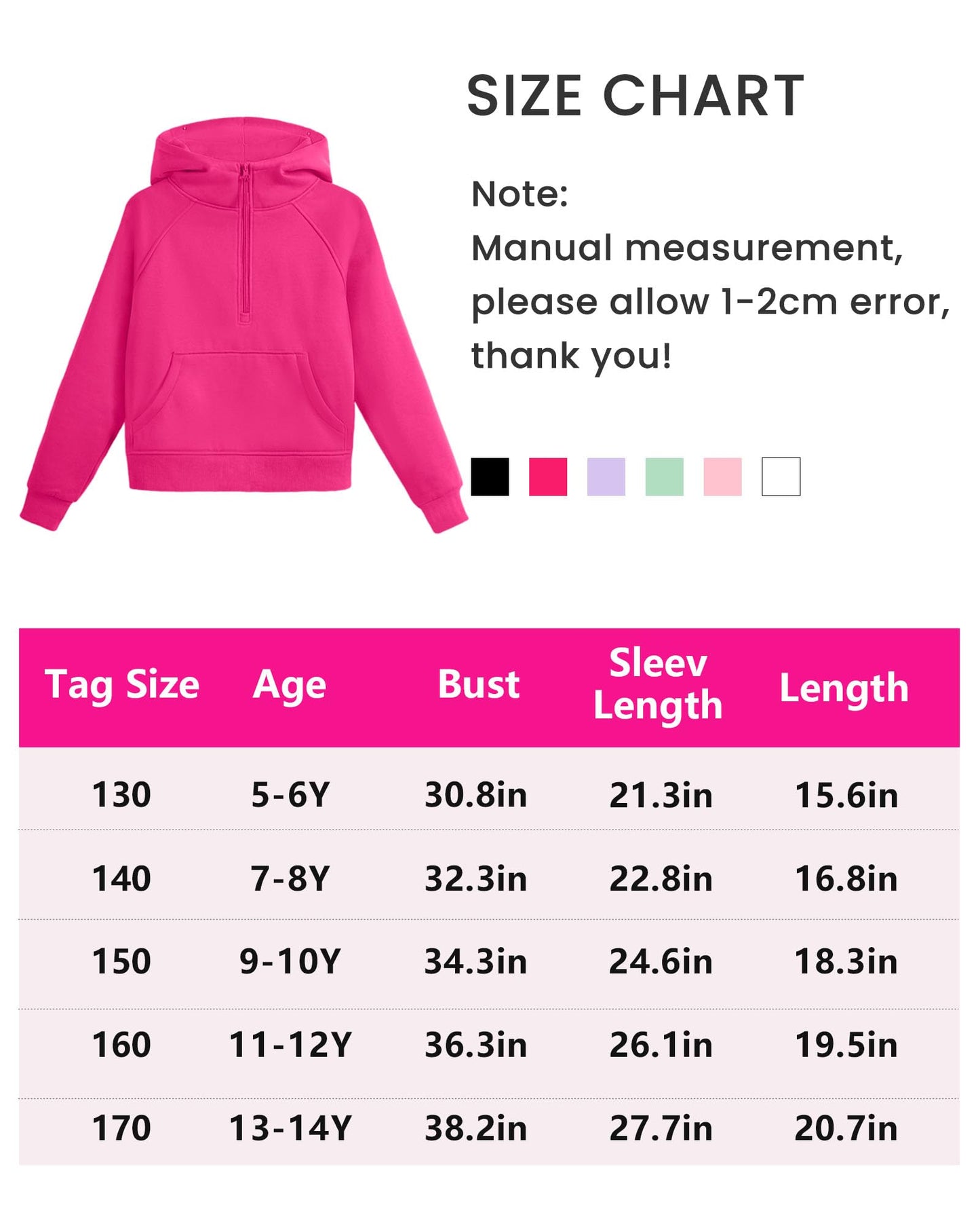 JOCMIC Hoodies for Teen Girls Fleece Sweatshirts Half Zipper Cropped Sweatshirts with Thumb Hole Preppy Winter Clothes Pink 9-10 Years