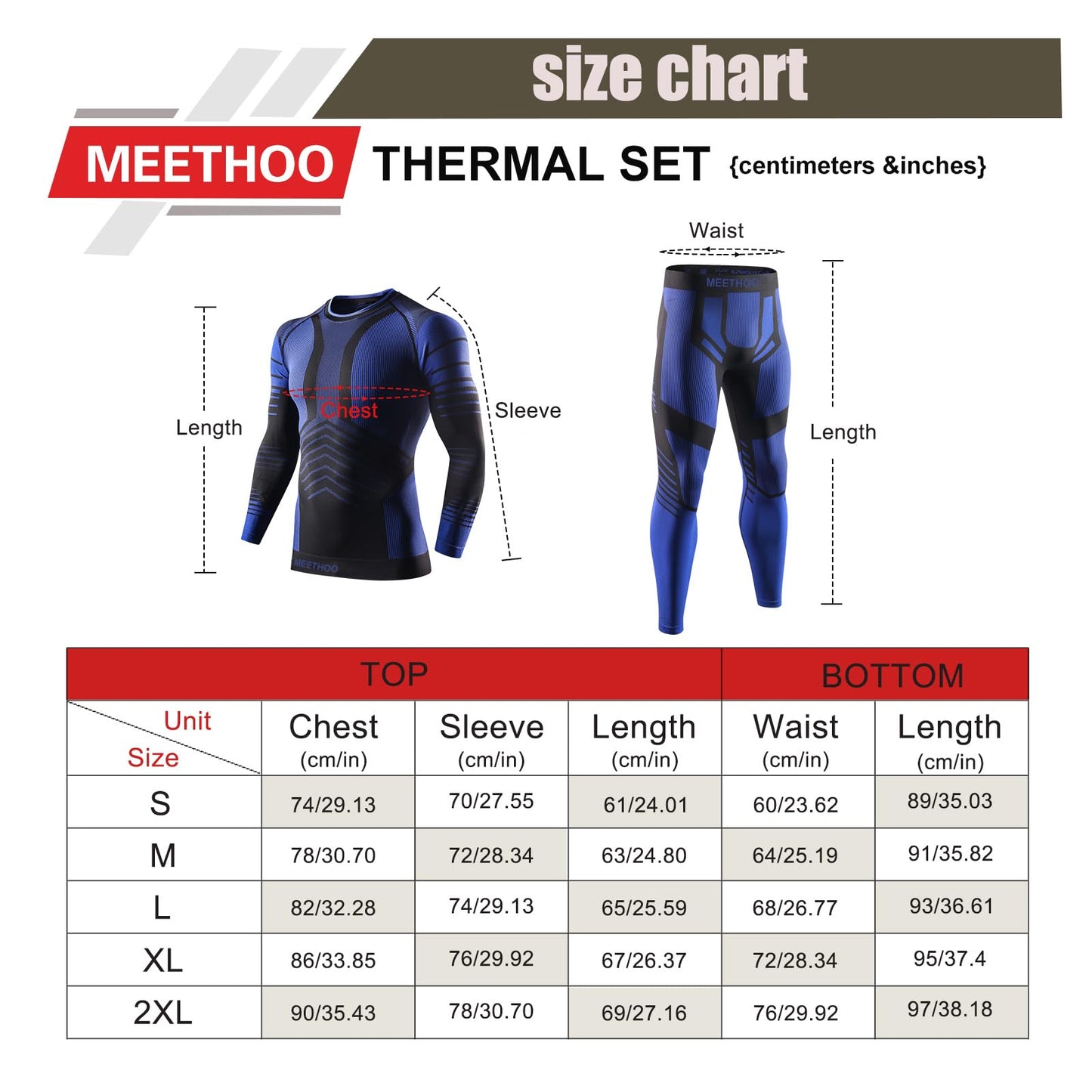 MeetHoo Men's Thermal Underwear Set Seamless Compression Base Layer Winter Cold Gear Sports Long Johns Bottoms for Ski Running Blue