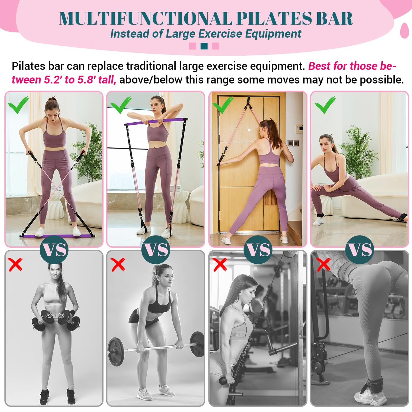Pilates Bar Kit with Resistance Bands, Multifunctional Yoga Pilates Bar with Heavy-Duty Metal Adjustment Buckle, Portable Home Gym Pilates Resistance Bar for Women Full Body Workouts(20-150LBS)-Purple