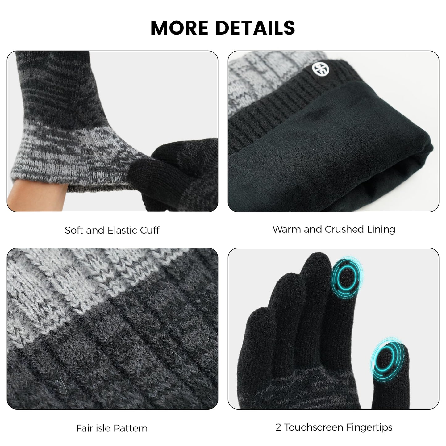 MA COWCF Winter Beanie Hat Scarf Gloves Set, Touchscreen Gloves Neck Warmer Scarf Fleece Lined Knit Skull Caps Winter Gift for Women Men (Black)