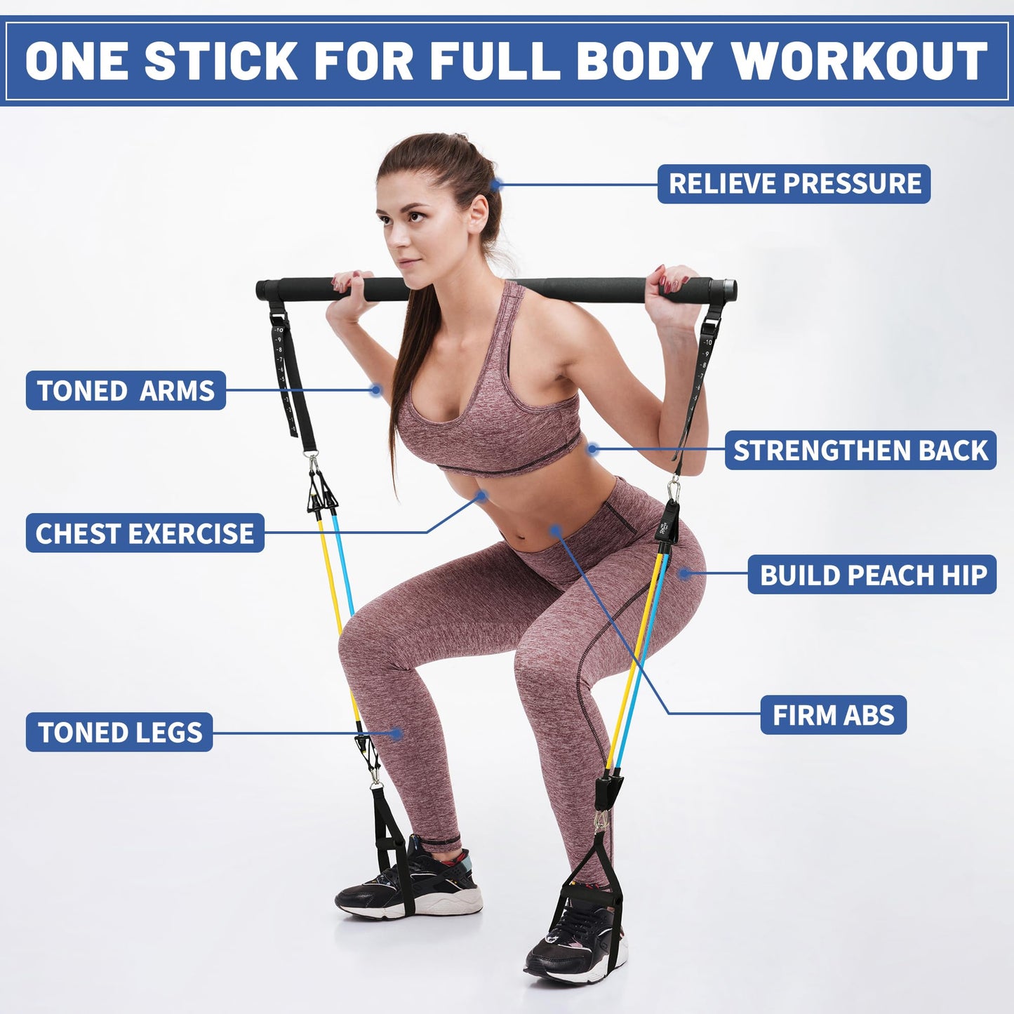 Pilates Bar Kit with Resistance Bands, Multifunctional Stretched Fusion Pilates Bar Kit for Women, Men, Pilates Sculpt Bar with Adjustable Buckle for Full Body Workouts, Squat Equipment