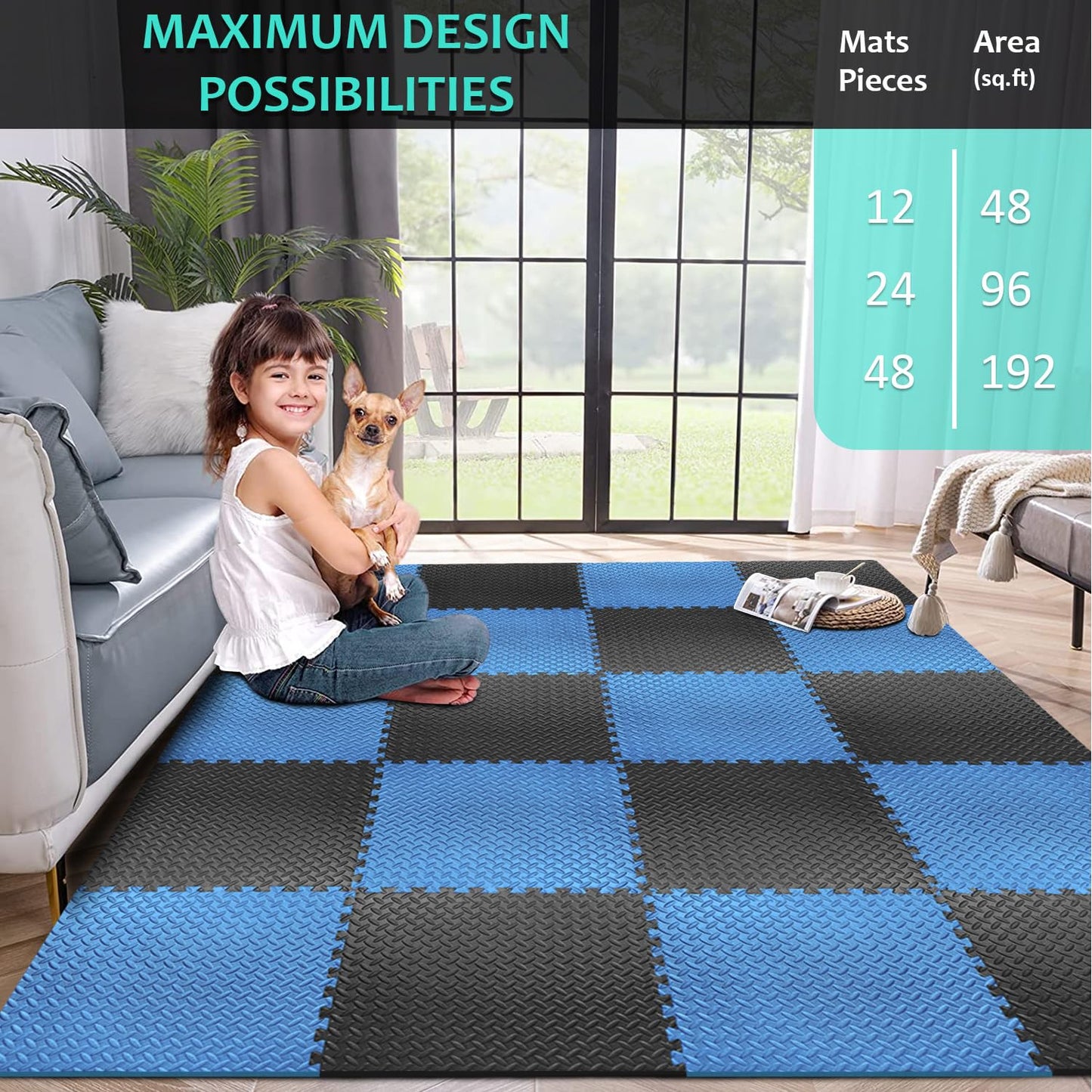 BEAUTYOVO Puzzle Exercise Mat with 12 Tiles Interlocking Foam Gym Mats, 24'' x 24'' EVA Foam Floor Tiles, Protective Flooring Mats Interlocking for Gym Equipment (48 Sq.Ft/12 Tiles - Black&Blue)