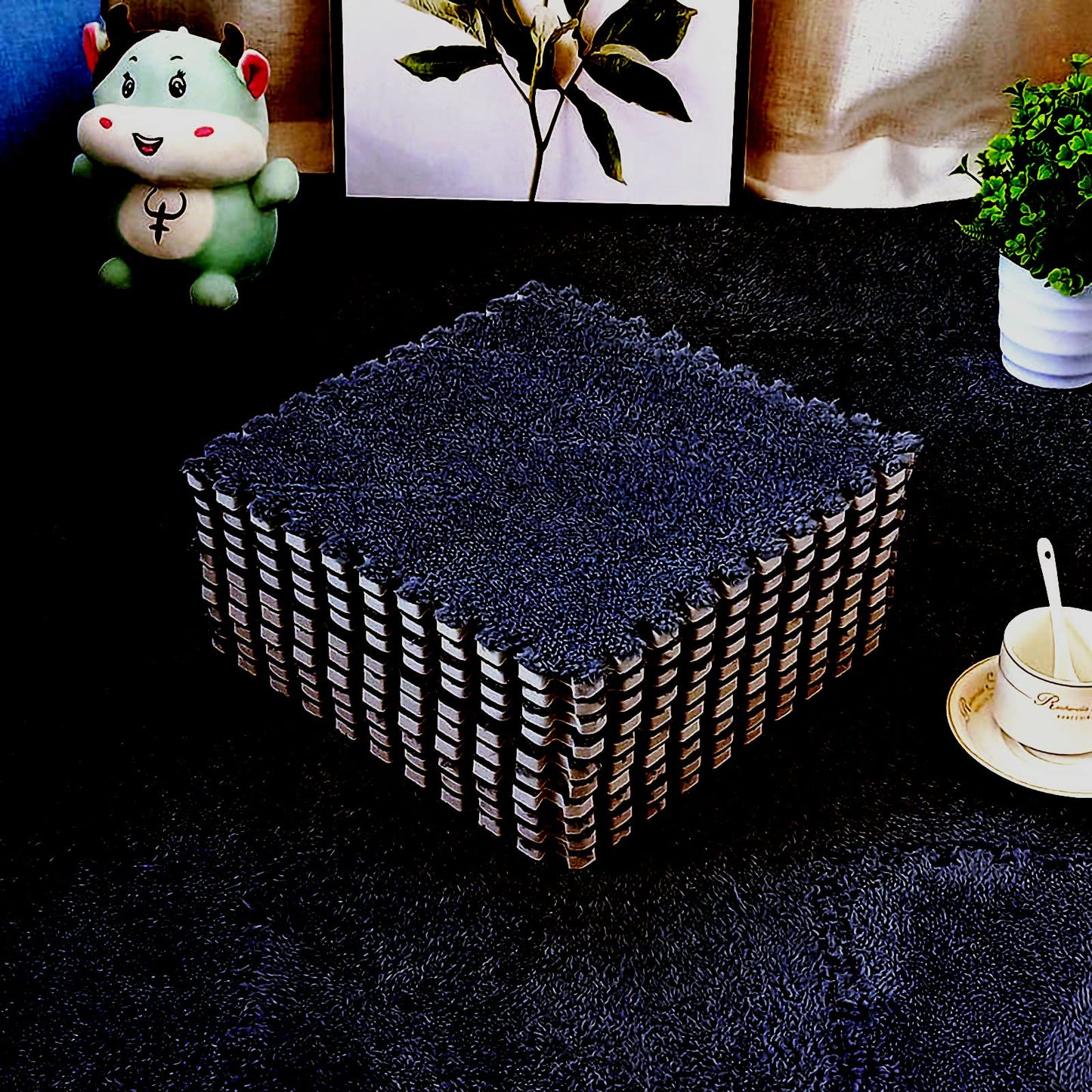 easycustomerlee 12pcs Interlocking Carpet Shaggy Soft EVA Foam Mats Fluffy Rugs Protective Floor Tiles Play Mats for Children Kids Room Home Parlor Bedroom(Black)