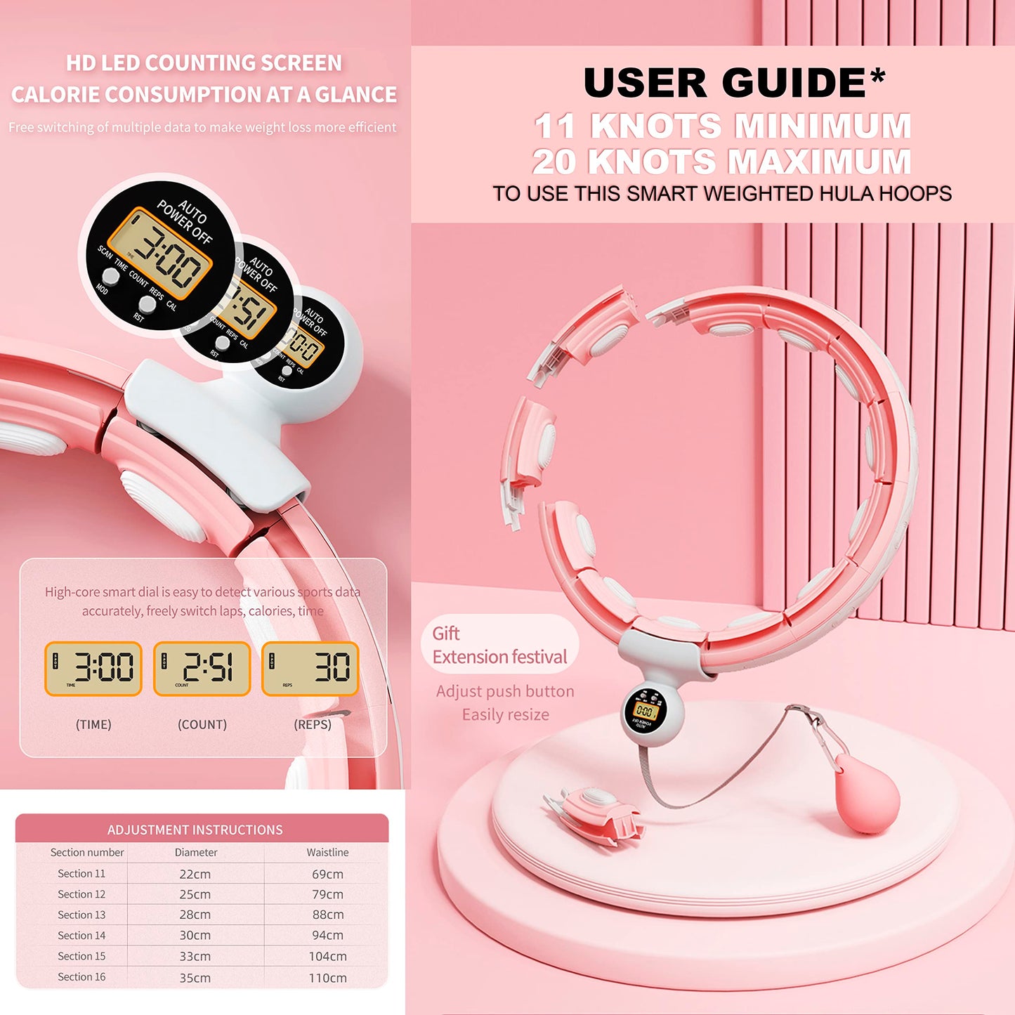 Smart Weighted Hula Ring Hoops, Hula Circle Detachable Fitness Ring with 360 Degree Auto-Spinning Ball Massage, Gymnastics, Adult Fitness for Weight Loss (Pink)