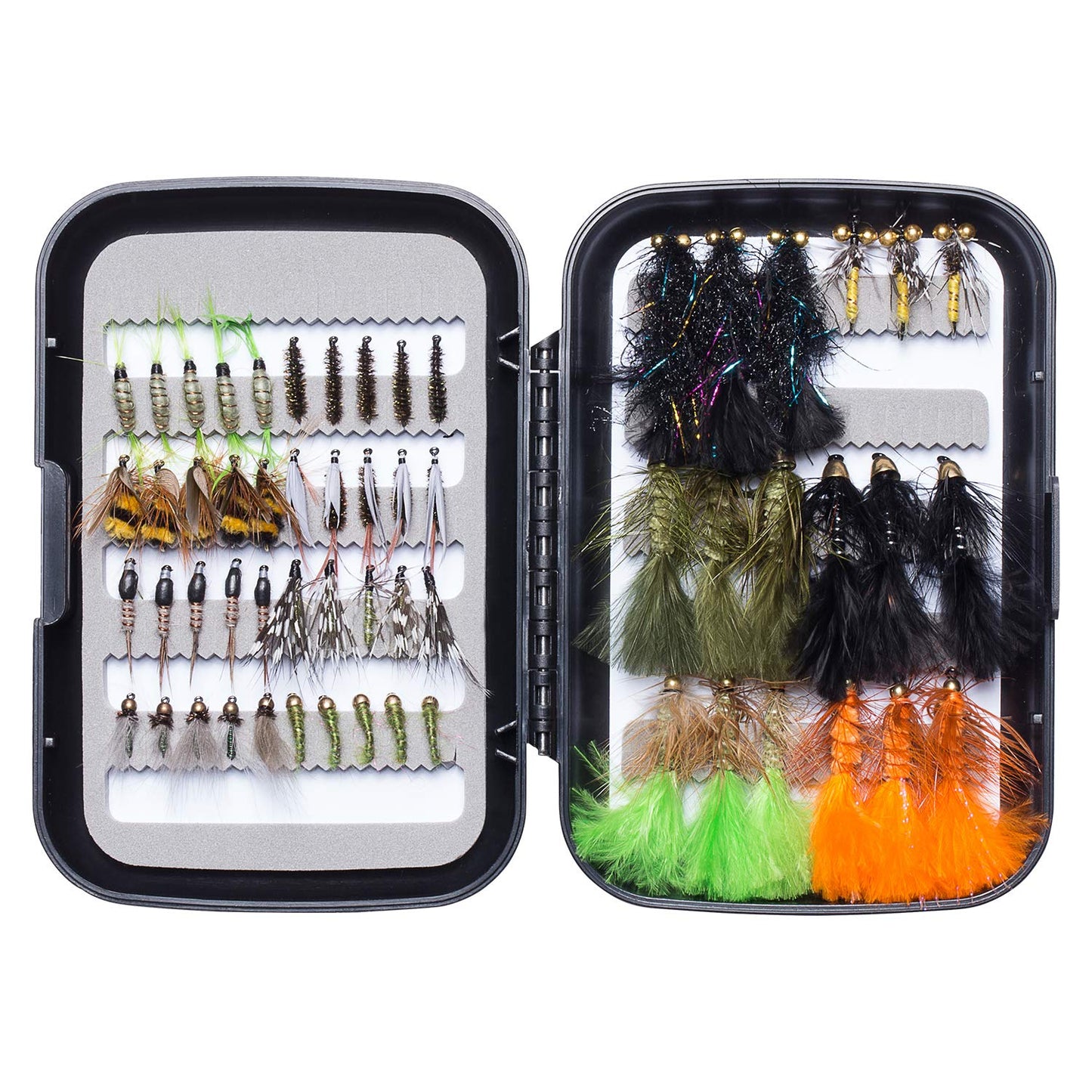 BASSDASH Fly Fishing Flies Kit Fly Assortment Trout Bass Fishing with Fly Box, 36/64/72/76/80/96pcs with Dry/Wet Flies, Nymphs, Streamers, Popper (58 pcs Assorted Trout Flies)