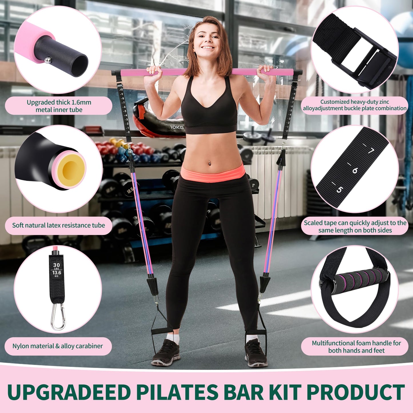 Pilates Bar Kit with Resistance Bands, Multifunctional Stretched Fusion Pilates Bar Kit for Women, Men, Pilates Sculpt Bar with Adjustable Buckle for Full Body Workouts, Squat Equipment