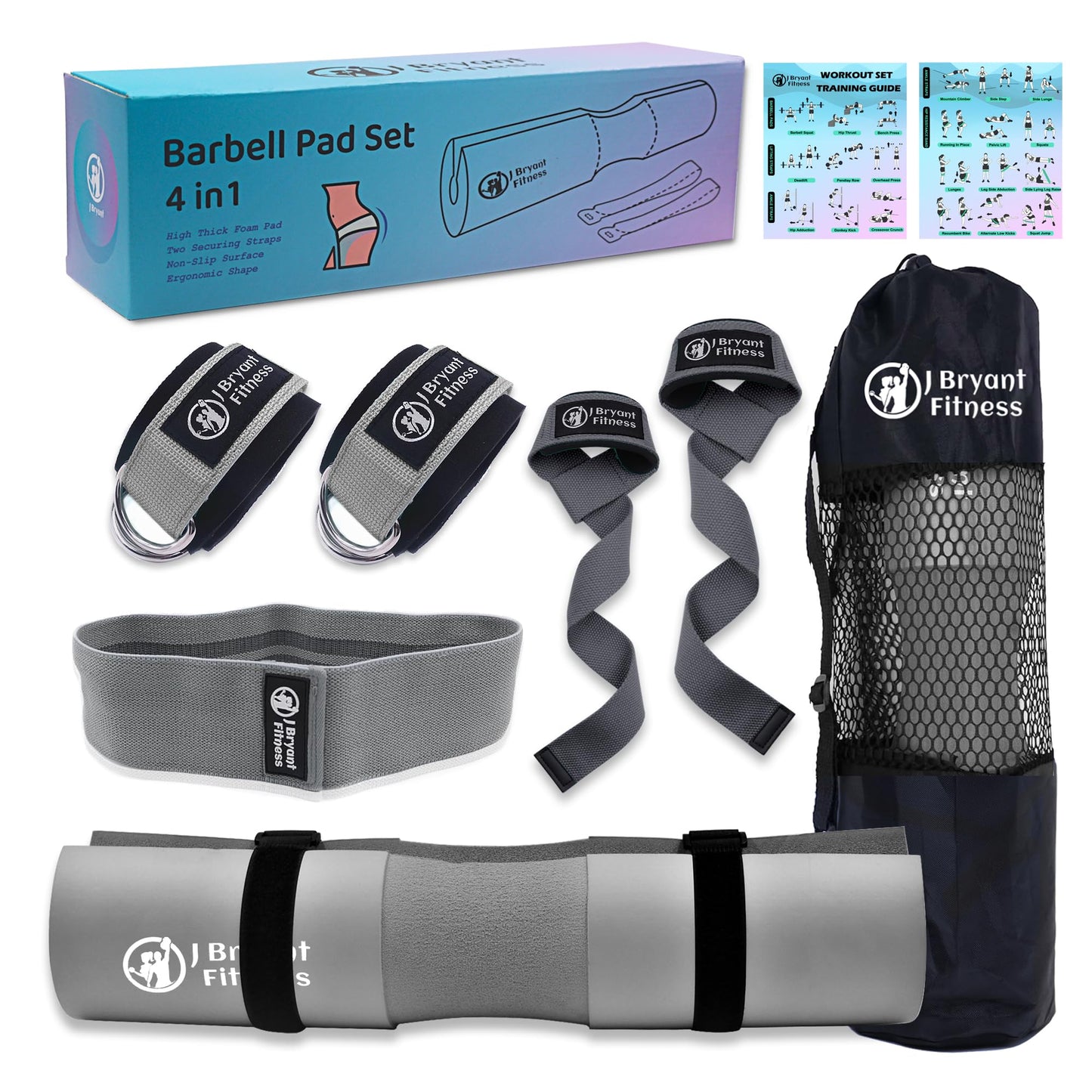 J Bryant Barbell Pad Set with 2 Ankle Straps for Cable Machines, Hip Resistance Band, Weight Lifting Straps, Thick Cushion Hip-Thrusts Pad with Carry Bag for Squats Bench Press Workout