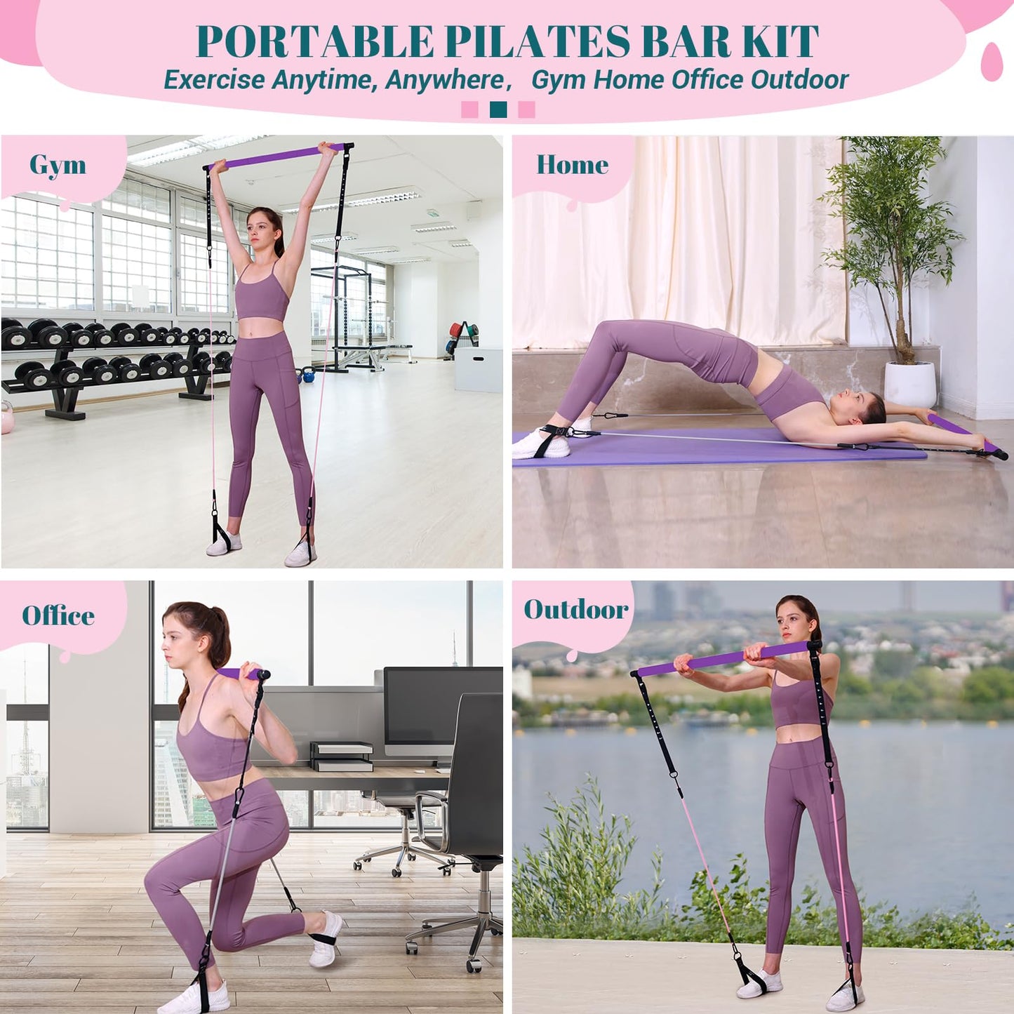 Pilates Bar Kit with Resistance Bands, Multifunctional Yoga Pilates Bar with Heavy-Duty Metal Adjustment Buckle, Portable Home Gym Pilates Resistance Bar for Women Full Body Workouts(20-150LBS)-Purple