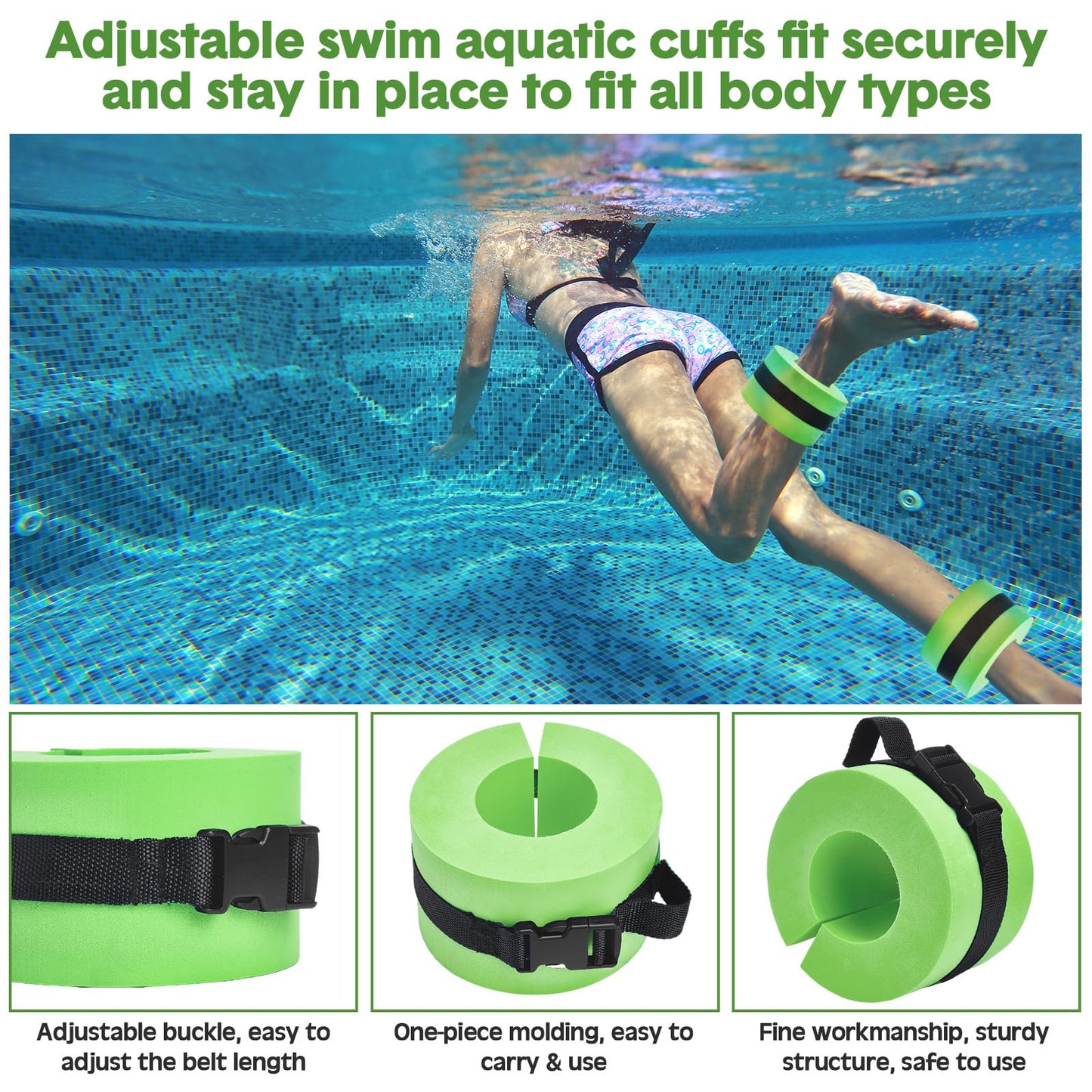 Motionchic 5 Pcs Aquatic Exercise Set Including 2 Ankle Swimming Weights 2 Lightweight Aquatic Exercise Dumbbells and Swim Belt Pool Exercise Equipment for Aquatic Aerobics Exercise (Green)