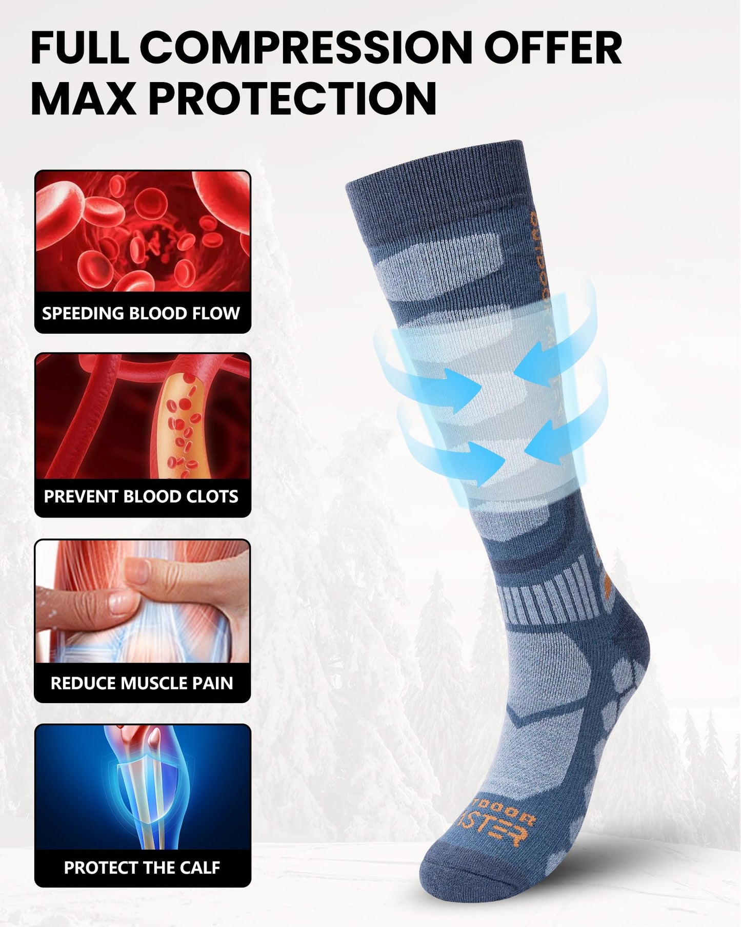 OutdoorMaster Merino Wool Ski Socks, 2-Pack Over The Calf Non-Slip Cuff Winter Compression Thermal Socks for Men & Women