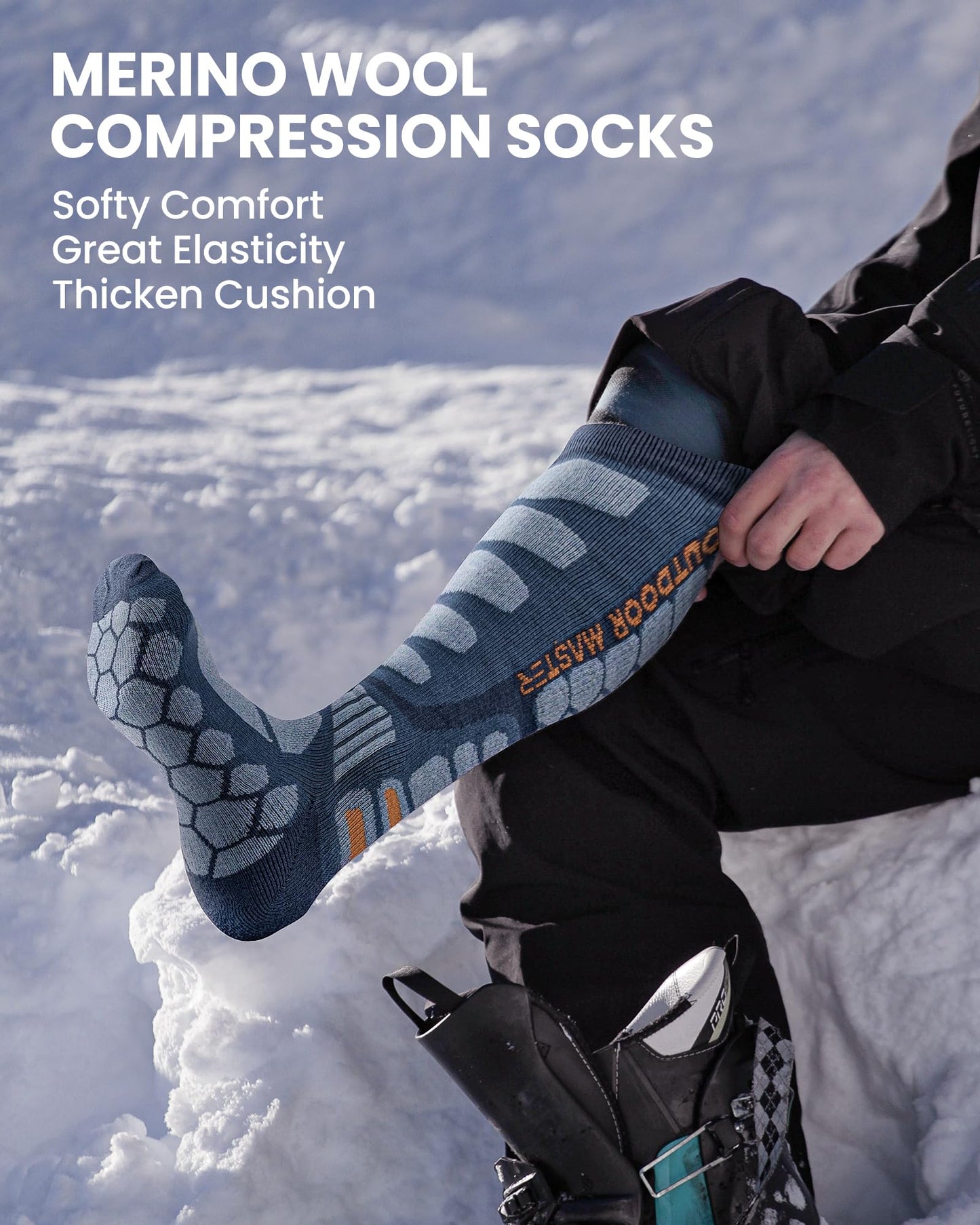 OutdoorMaster Merino Wool Ski Socks, 2-Pack Over The Calf Non-Slip Cuff Winter Compression Thermal Socks for Men & Women