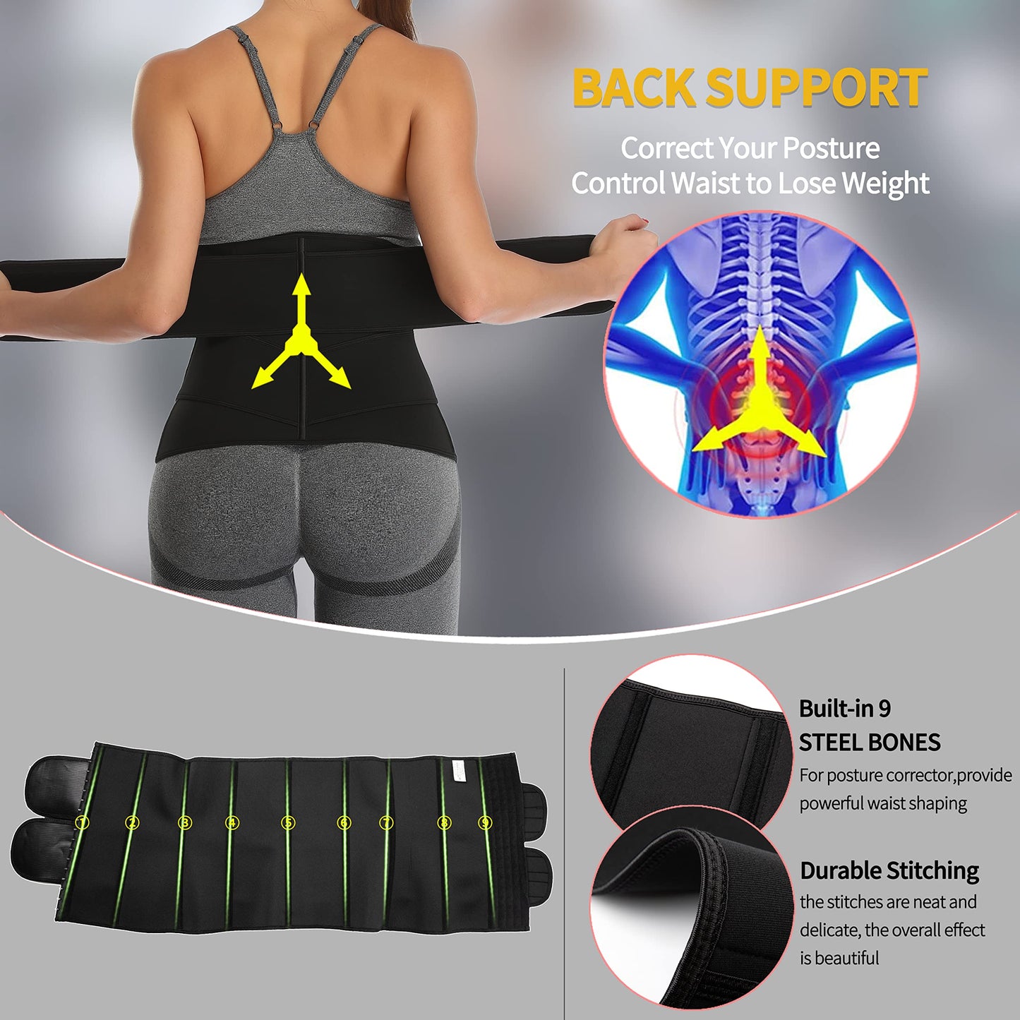 KIWI RATA Neoprene Sauna Waist Trainer Corset Sweat Belt with 2 Straps for Women Plus Size Compression Gym Workout Trimmer,#2 Hooks Black,X-Small