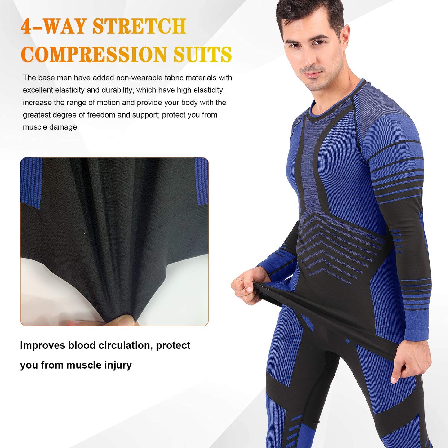 MeetHoo Men's Thermal Underwear Set Seamless Compression Base Layer Winter Cold Gear Sports Long Johns Bottoms for Ski Running Blue