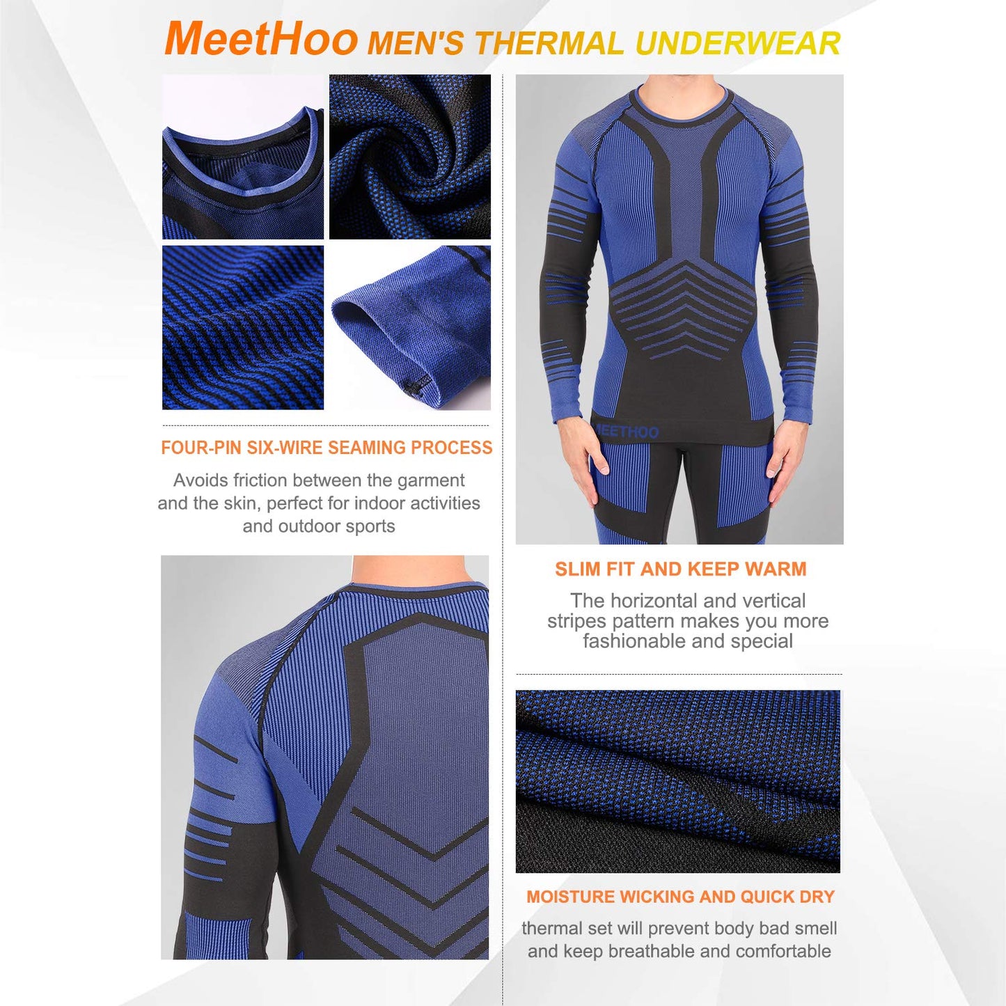 MeetHoo Men's Thermal Underwear Set Seamless Compression Base Layer Winter Cold Gear Sports Long Johns Bottoms for Ski Running Blue