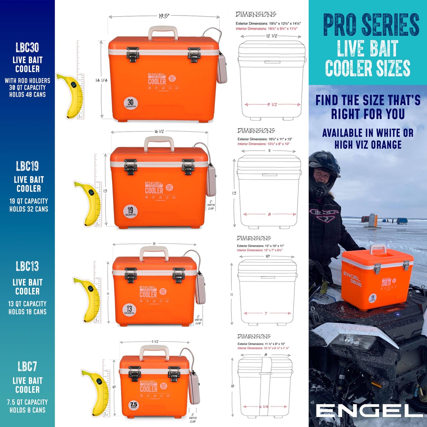 Engel 7.5qt Live Bait Cooler Box with 2nd Gen 2-Speed Portable Aerator Pump. Fishing Bait Station and Minnow Bucket for Shrimp, Minnows, and Other Live Bait - ENGLBC7-N-OHV in Orange High-Visibility