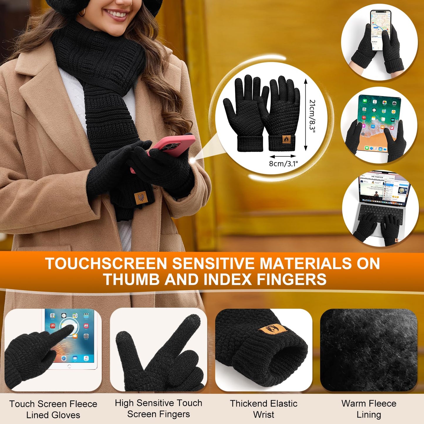 Jyanl Womens Winter Beanie Hat Scarf Gloves Set Fleece Hat Long Scarf Neck Warmer Ear muffs Fuzzy Socks 5 in 1 Knit Sets