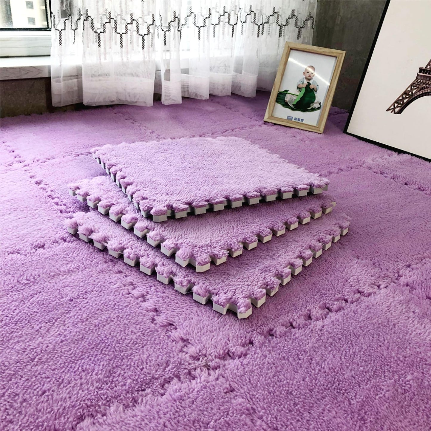 easycustomerlee 12pcs Interlocking Carpet Shaggy Soft EVA Foam Mats Fluffy Rugs Protective Floor Tiles Exercise Play Mats for Children Kids Room Home Parlor Bedroom(Purple)