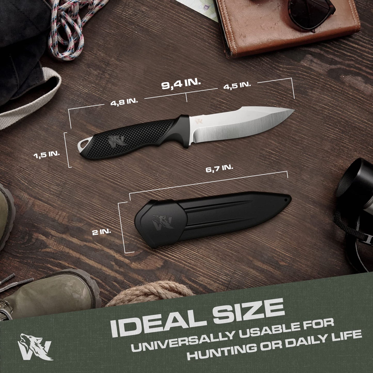 ODENWOLF WOLF-II Full Tang Survival Knife with Sheath and Multi Lok - Strong Tactical Fixed Blade Knife - Made of D2 Steel - Bushcraft and Camping Knife - EDC Outdoor Knife with TPE Handle