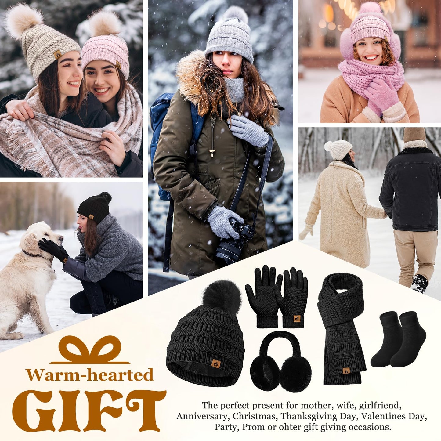 Jyanl Womens Winter Beanie Hat Scarf Gloves Set Fleece Hat Long Scarf Neck Warmer Ear muffs Fuzzy Socks 5 in 1 Knit Sets