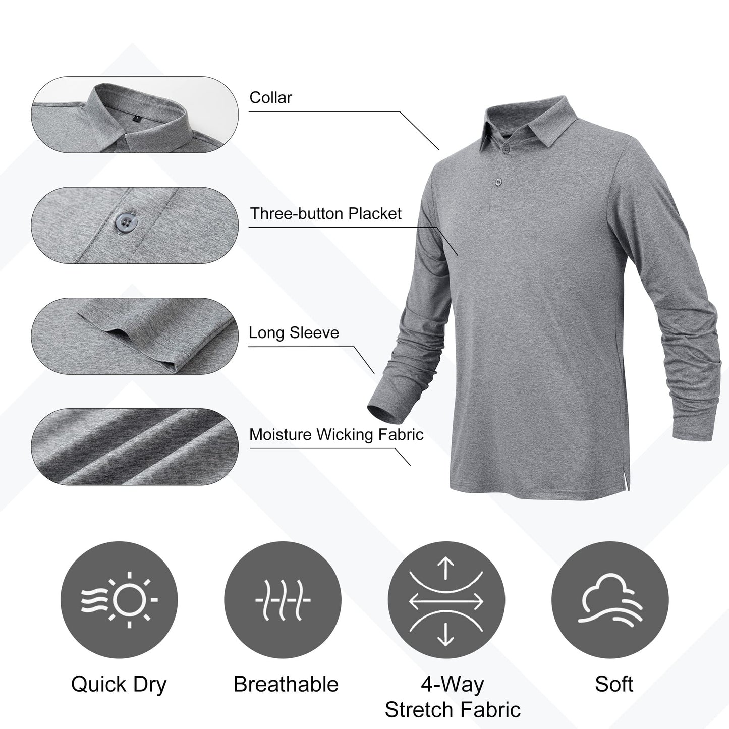 BALENNZ Long Sleeve Polo Shirts for Men Moisture Wicking Mens Long Sleeve Polo Shirts Quick Dry Golf Polos for Men Athletic Long Sleeve Golf Shirt Men 4CXL