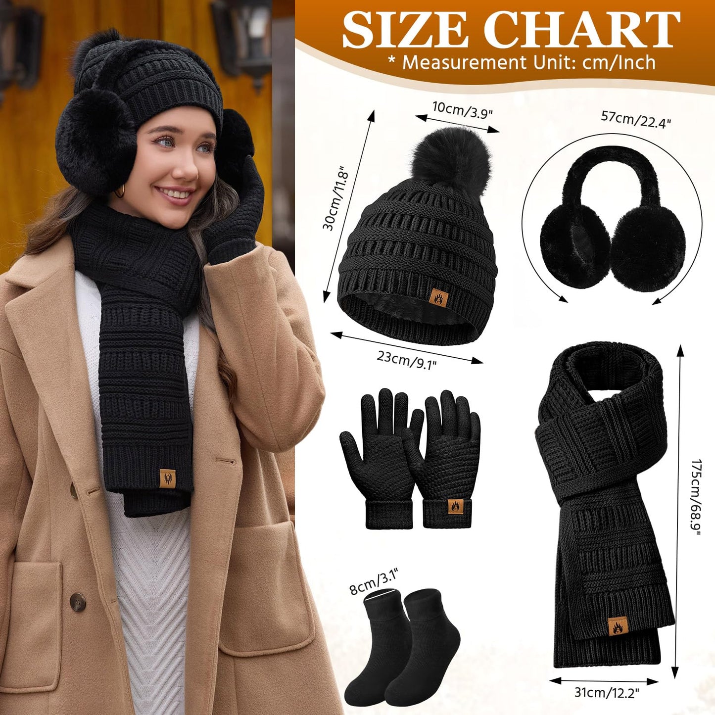 Jyanl Womens Winter Beanie Hat Scarf Gloves Set Fleece Hat Long Scarf Neck Warmer Ear muffs Fuzzy Socks 5 in 1 Knit Sets