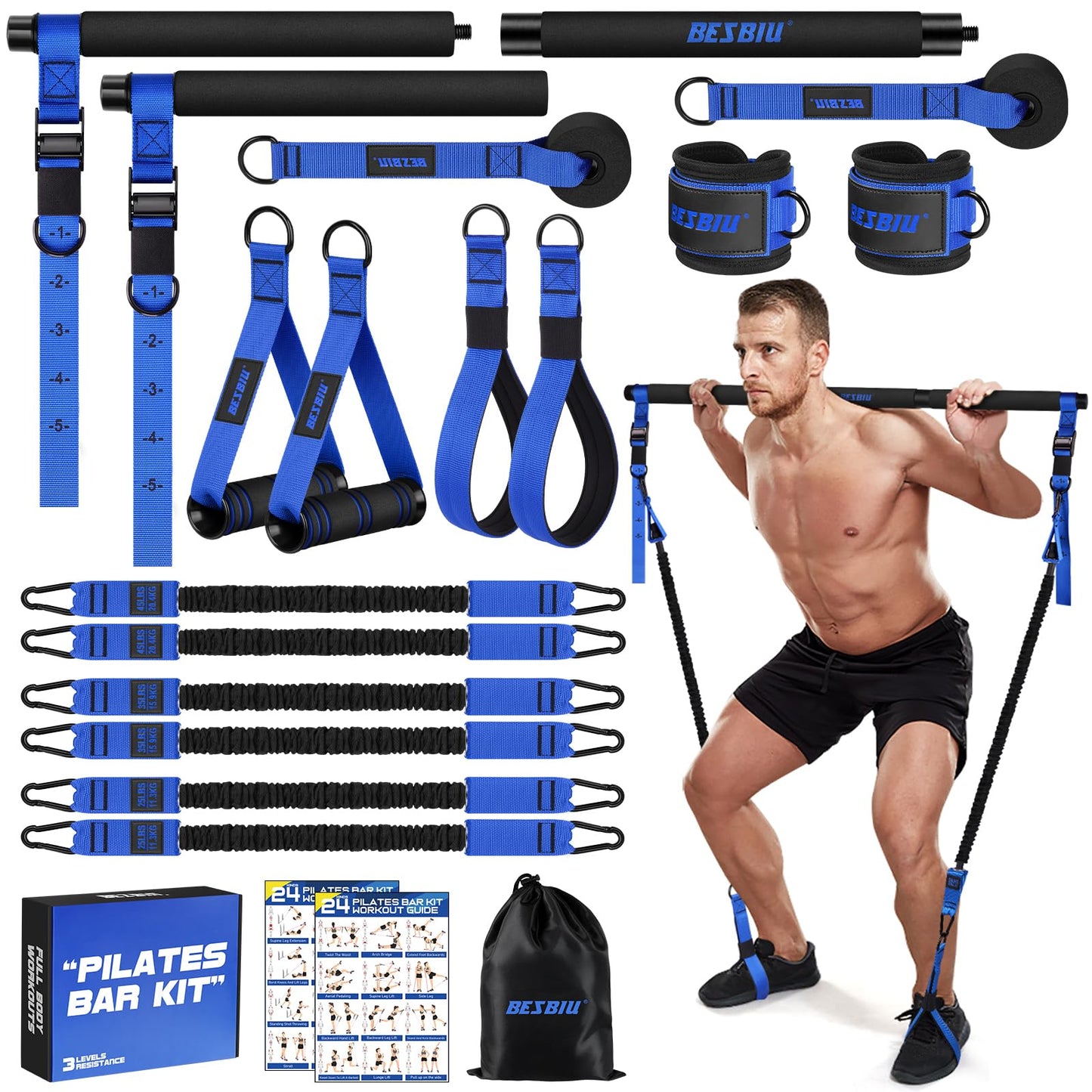 Pilates Bar Kit with Resistance Bands for Working Out, 210lbs Heavy Resistance Bands with Handles, Pilates Equipment with Resistance Band Bar for Men Women, Home Gym Full Body Workout Equipment