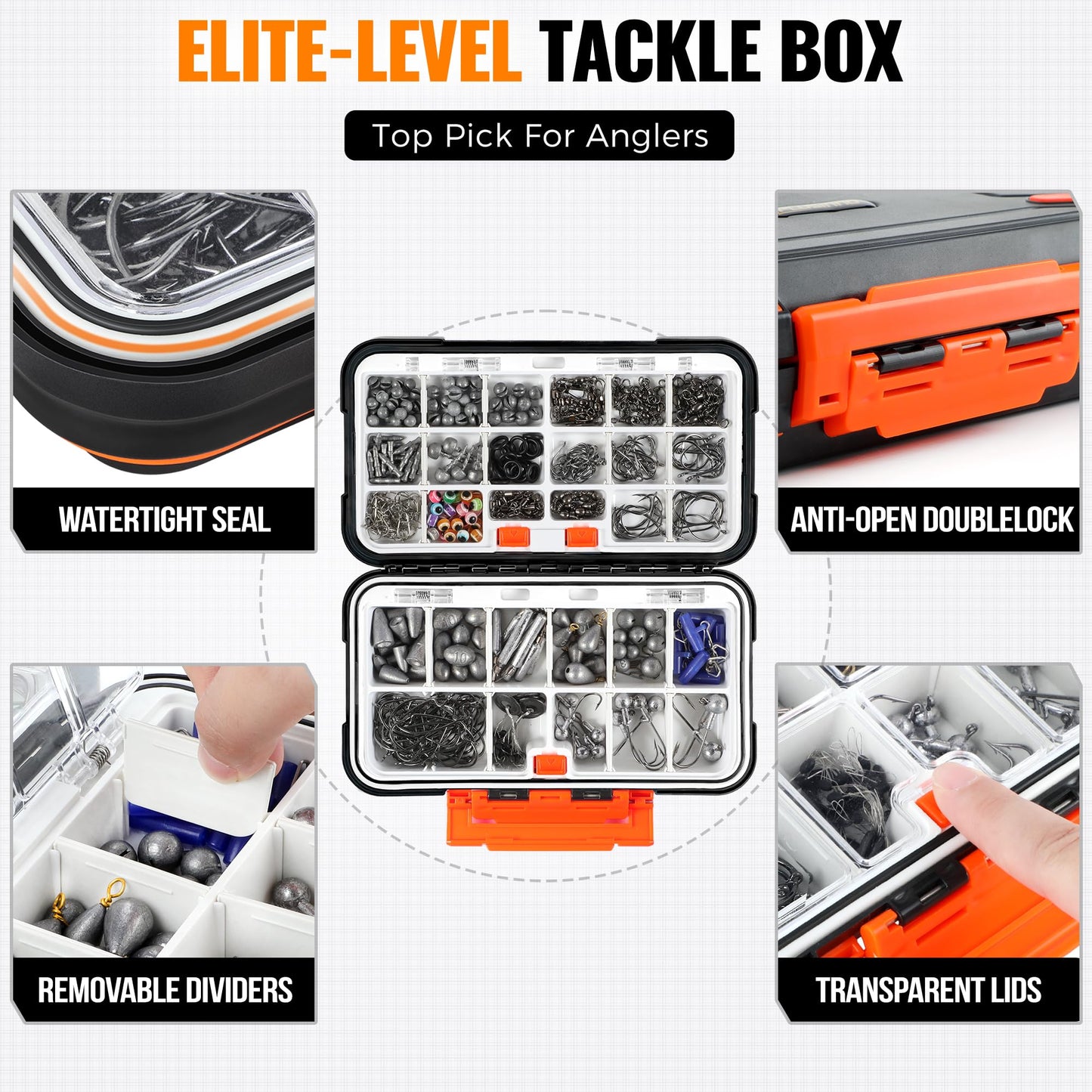 PLUSINNO 397pcs Fishing Accessories Kit, Fishing Tackle Box with Tackle Included, Hooks, Weights, Jig Heads, Swivels Snaps Combined into 12 Rigs, Fishing Gear Equipment for Bass