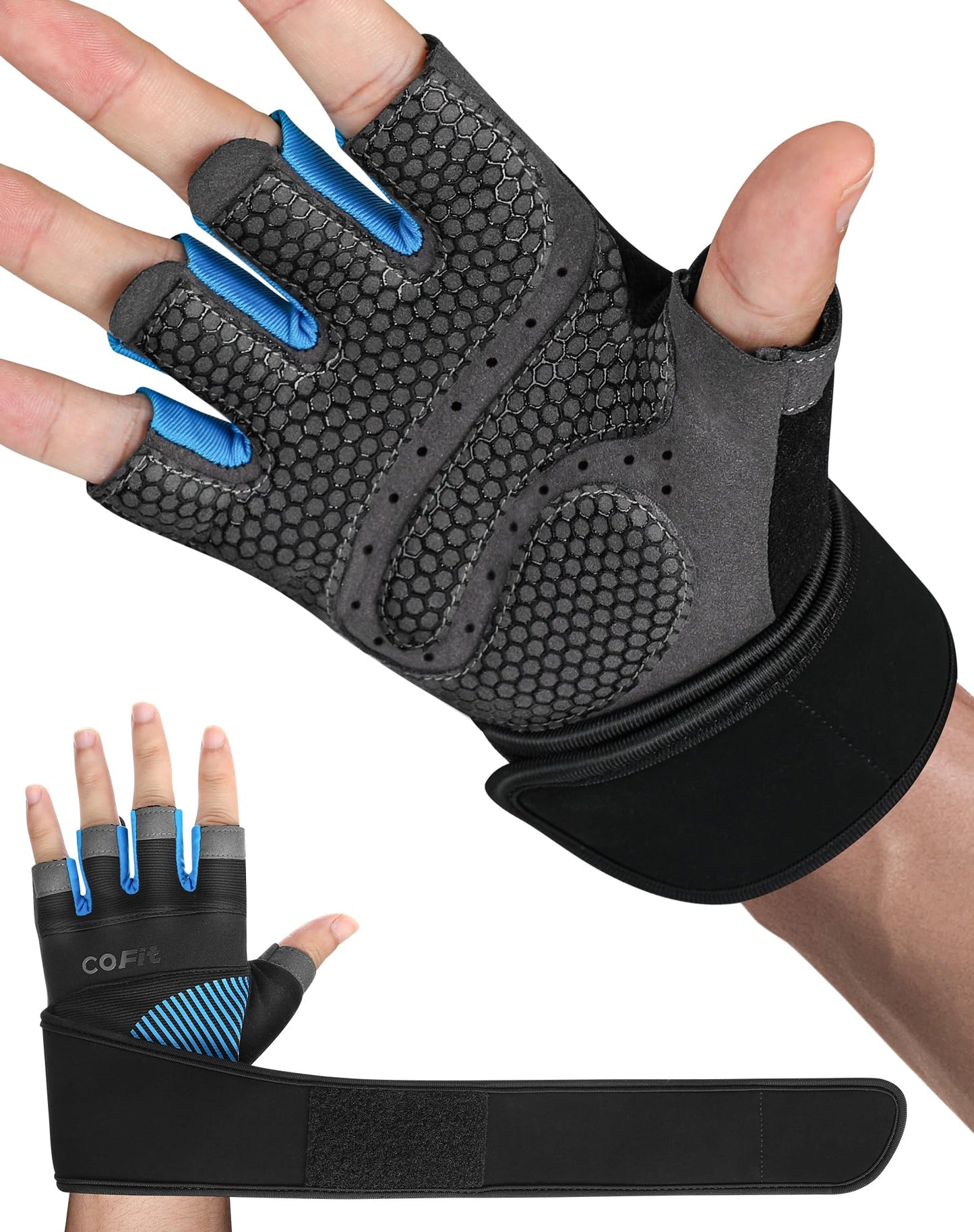 COFIT Breathable Workout Gloves, Antislip Weight Lifting Gym Gloves for Men Women with Wrist Wrap Support, Superior Grip & Palm Protection for Weightlifting, Fitness, Exercise, Training - Blue S