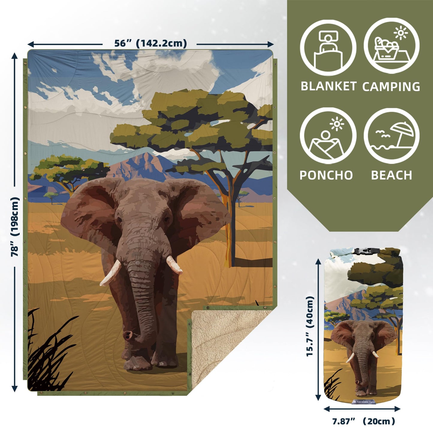 Kawagebo Sherpa Fleece Outdoor Camping Blanket with Packable Waterproof Bag - 3 in 1 Soft Warm Throw Wearable Camp Blanket, Puffy Ultralight Camping Blankets for Sleeping, Travel 56"x 78"