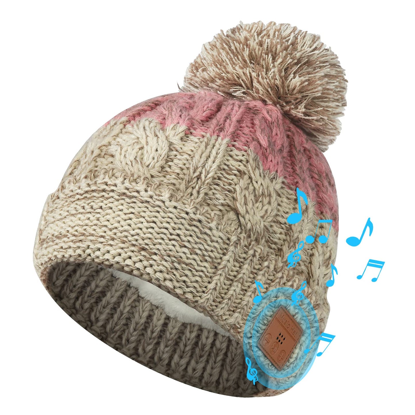 Bluetooth Beanie for Women, Wireless Knit Winter Cap, Built-in Microphone and HD Stereo Speakers, Beanie Hat with Headphones for Outdoor Homes and Gifts (Khaki & Pink)