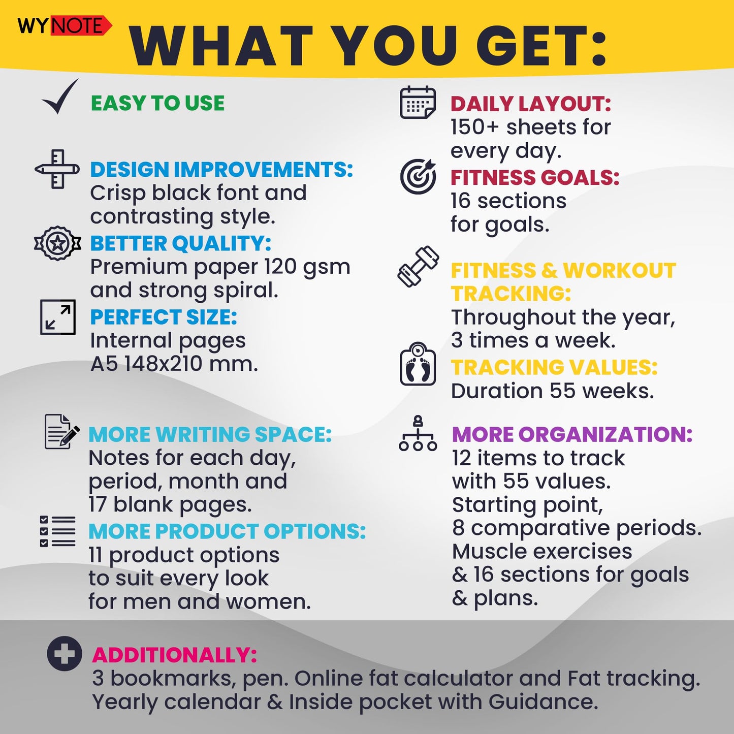 Fitness Journal Amber Yellow on 150+ Workouts + Yearly Calendar + 55 Tracking Values - A5 Workout Journal with Fat tracking - Planner to 12 items to track + 7 comparative periods + Goals