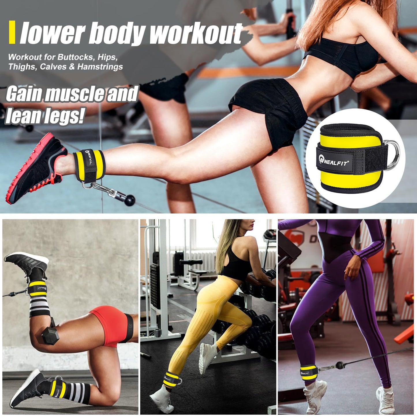 NEALFIT Ankle Strap for Cable Machine, Gym Ankle Cuff for Kickbacks, Leg Extensions, Glute Workouts, Booty Hip Abductors Exercise for Women and Men (Pair, Yellow)