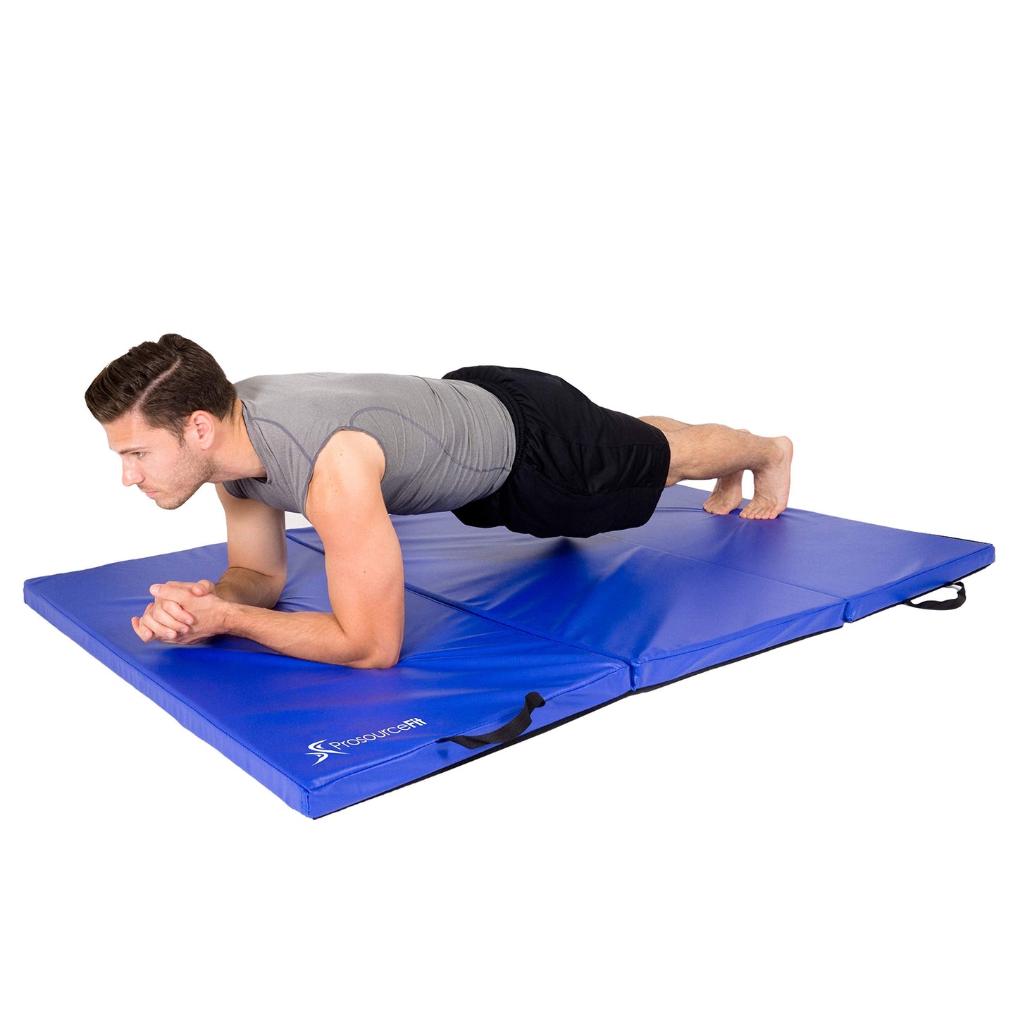 ProsourceFit Tri-Fold Folding Thick Exercise Mat 6’x4’ with Carrying Handles for Tumbling, Martial Arts, Gymnastics, Stretching, Core Workouts, Blue