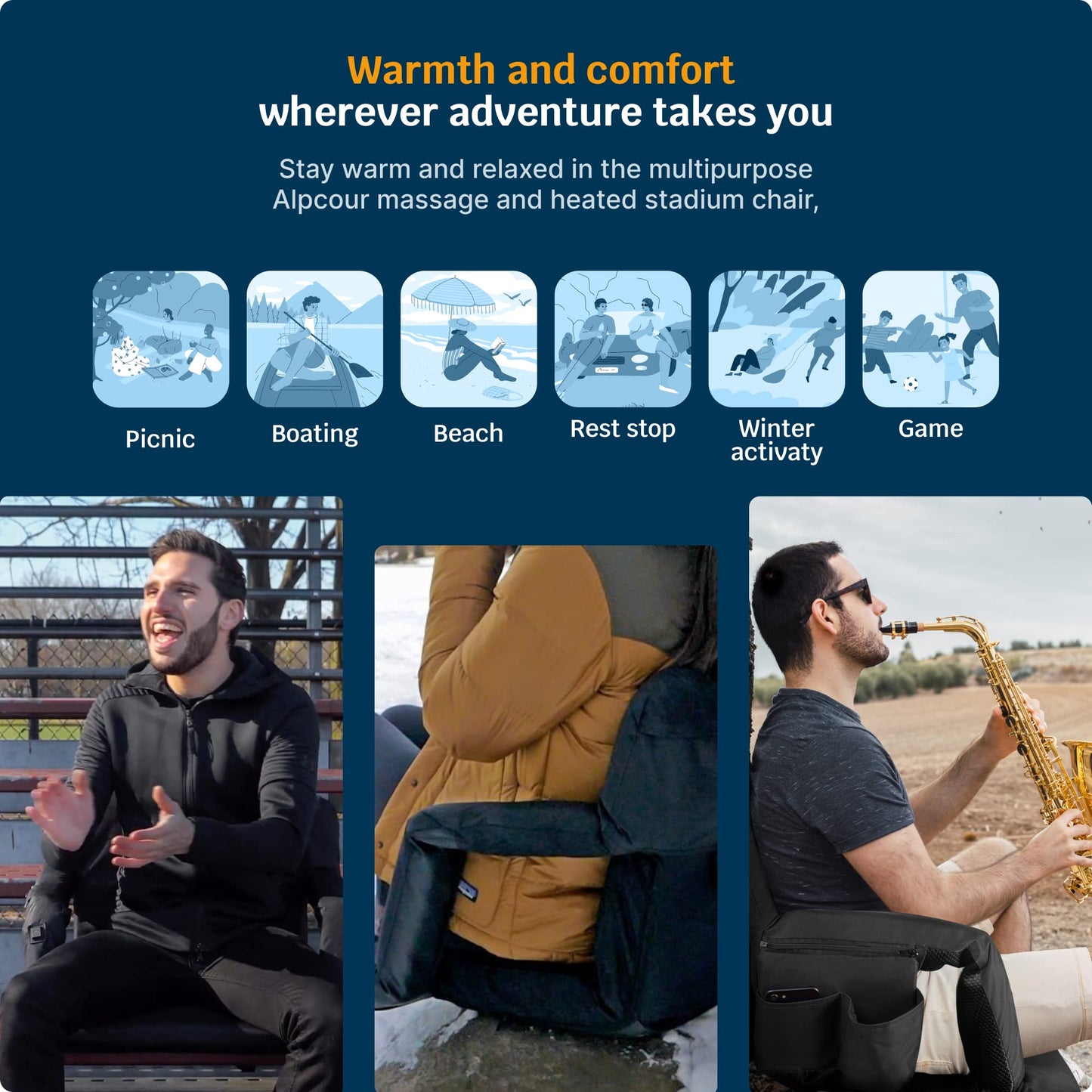 Alpcour Heated Massage Reclining Stadium Seat for Bleachers – Wide Bleacher Chair with Back Support and Cushion, Armrests, Large Pockets, and Multiple Safety Features – Best Stadium Seats Chairs