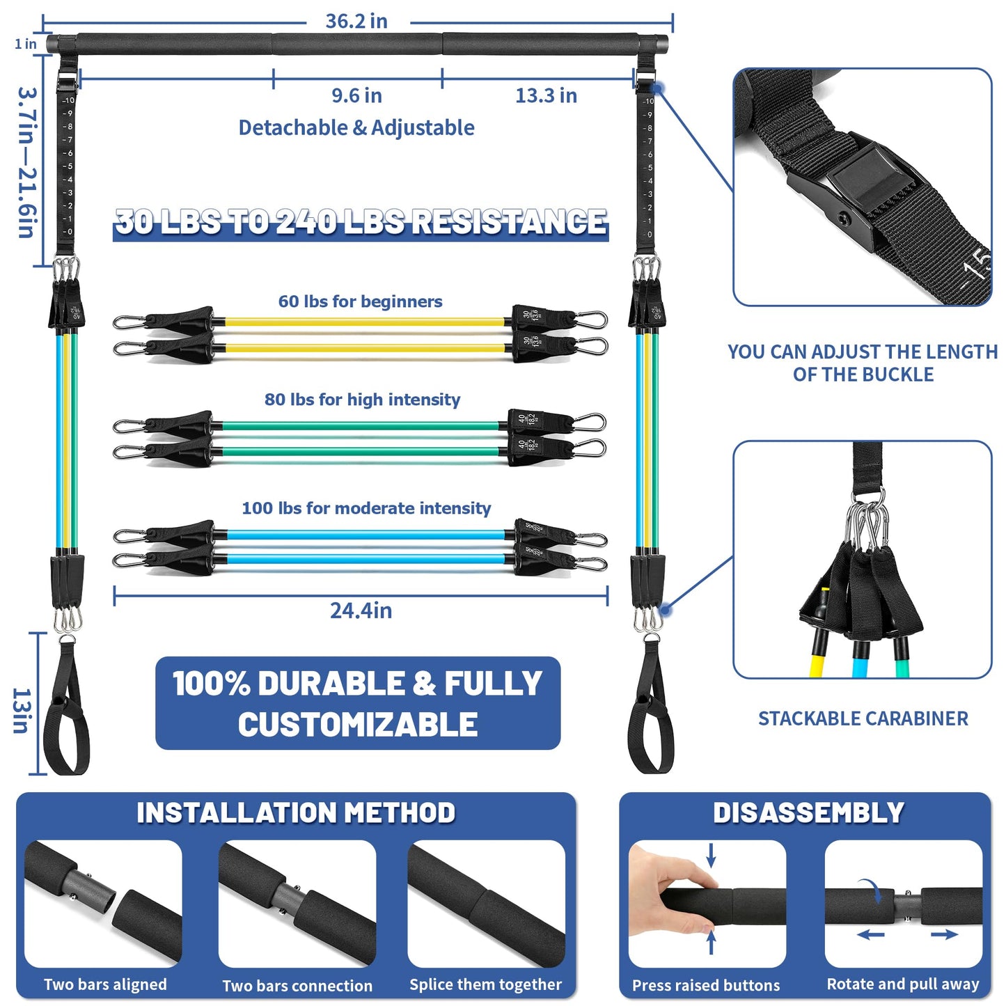 Pilates Bar Kit with Resistance Bands, Multifunctional Stretched Fusion Pilates Bar Kit for Women, Men, Pilates Sculpt Bar with Adjustable Buckle for Full Body Workouts, Squat Equipment