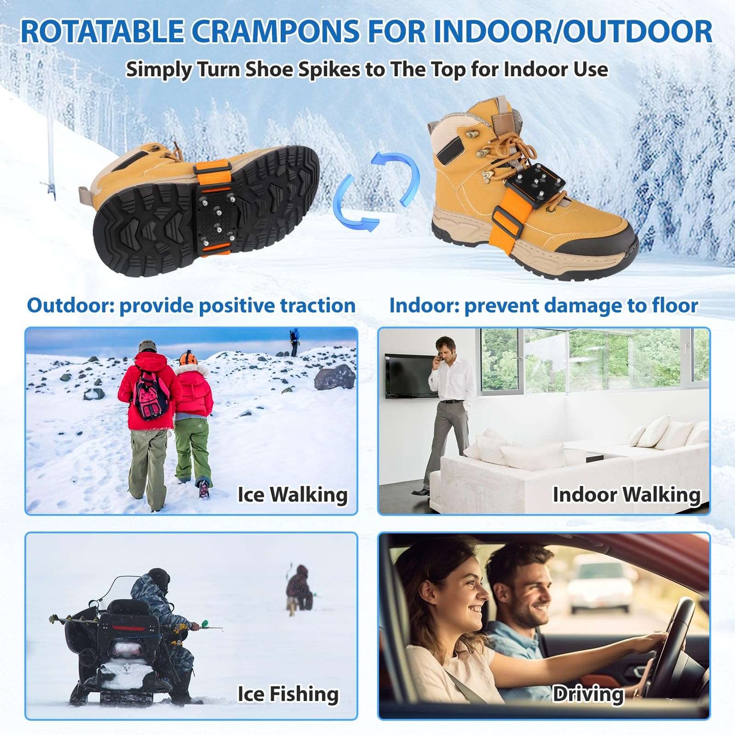 SYOURSELF Ice Cleats Crampons for Shoes and Boots, Rotatable Mid-Sole Traction Cleats Shoe Spikes for Snow and Ice, Non Slip Tungsten Spikes Ice Shoes Grippers for Men Women Winter Indoor/Outdoor