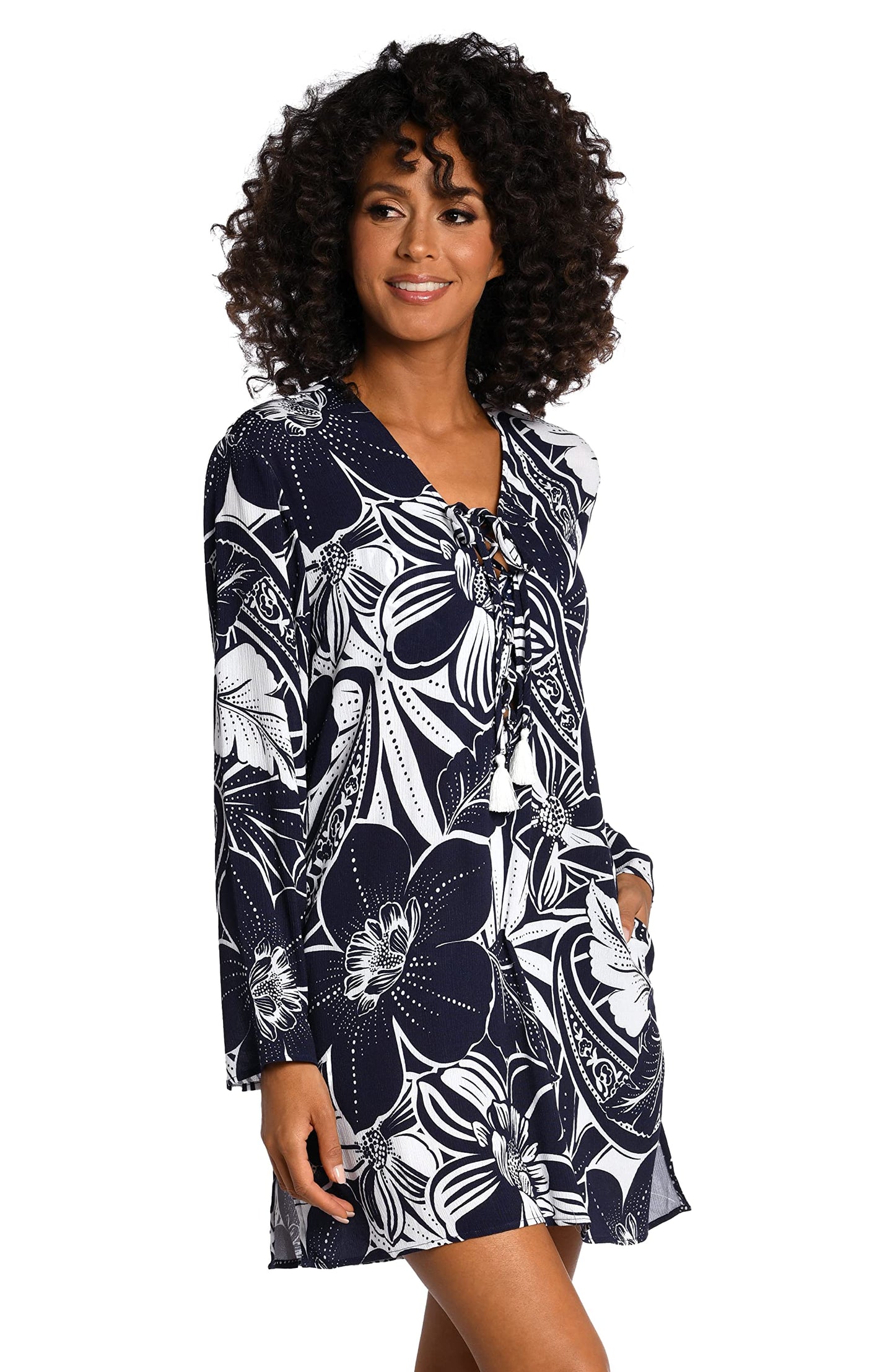 La Blanca Women's Lace Up Tunic Swimsuit Cover Up, Indigo//at The Playa, XL