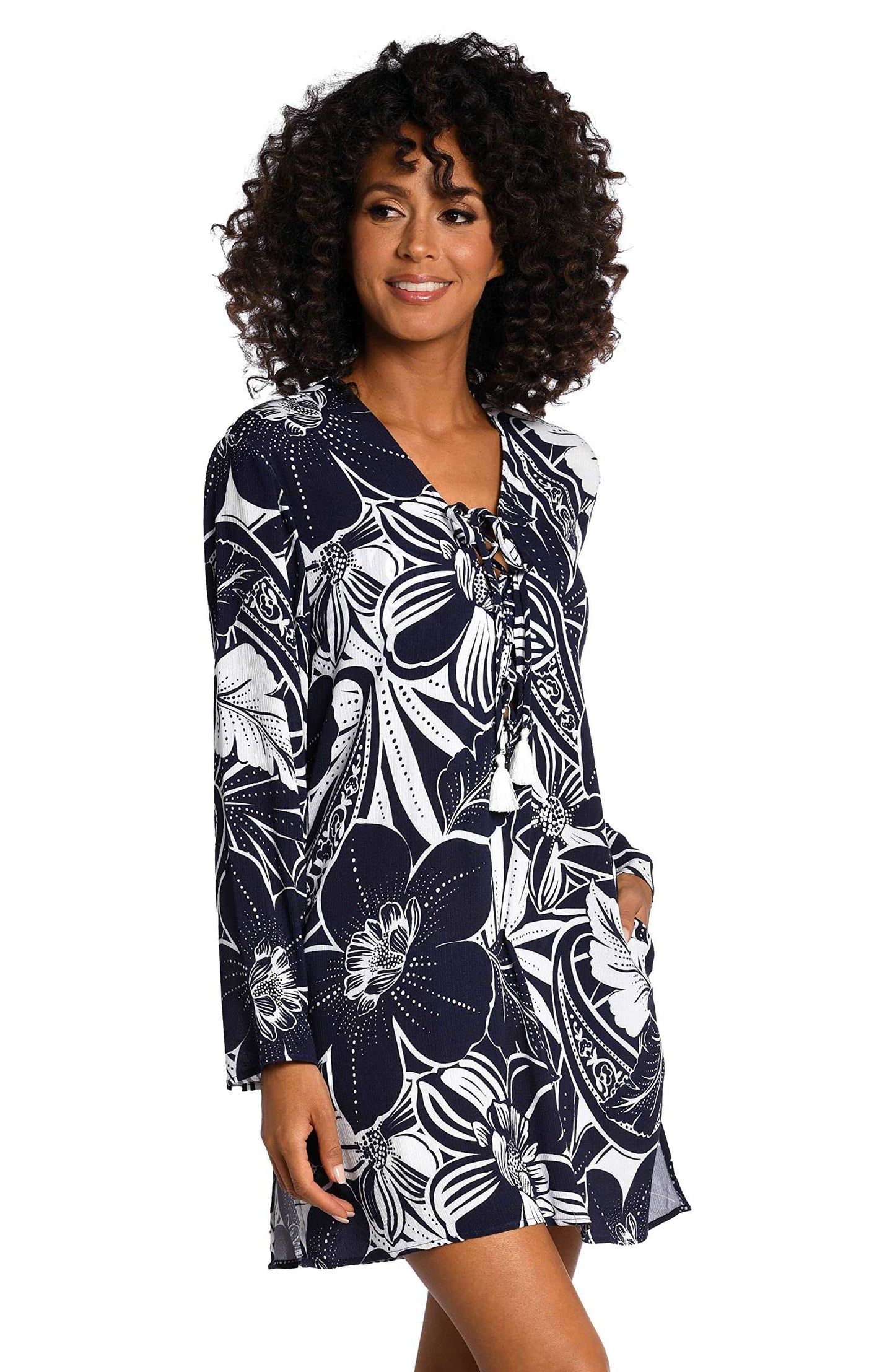 La Blanca Women's Lace Up Tunic Swimsuit Cover Up, Indigo//at The Playa, XL