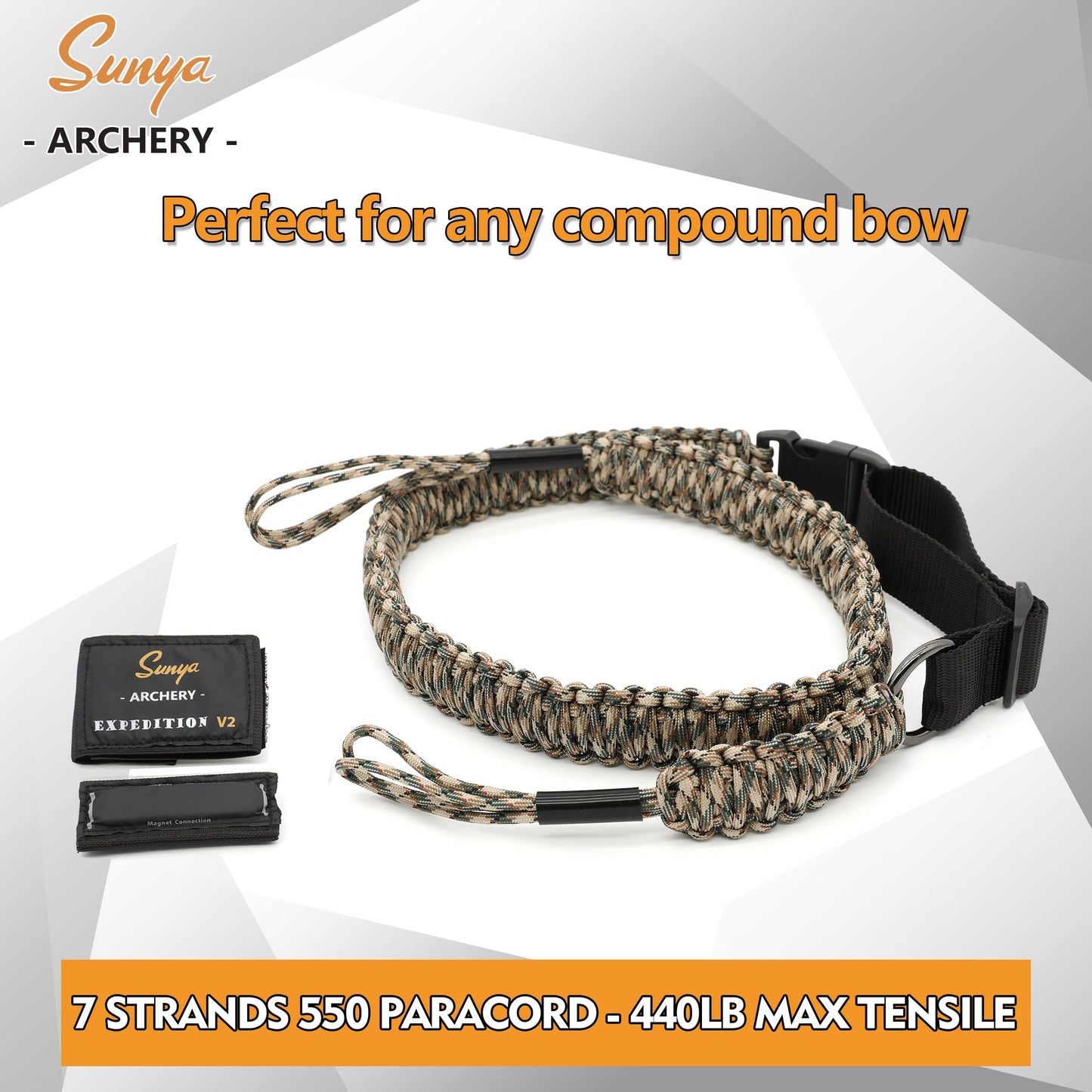 Sunya Paracord Compound Bow Sling with V2 Upgraded Magnetic Connection System. Lightweight Hands Free Shoulder Carrying Sling for Bow Hunting, Field Archery and 3D (Marsh Camo)