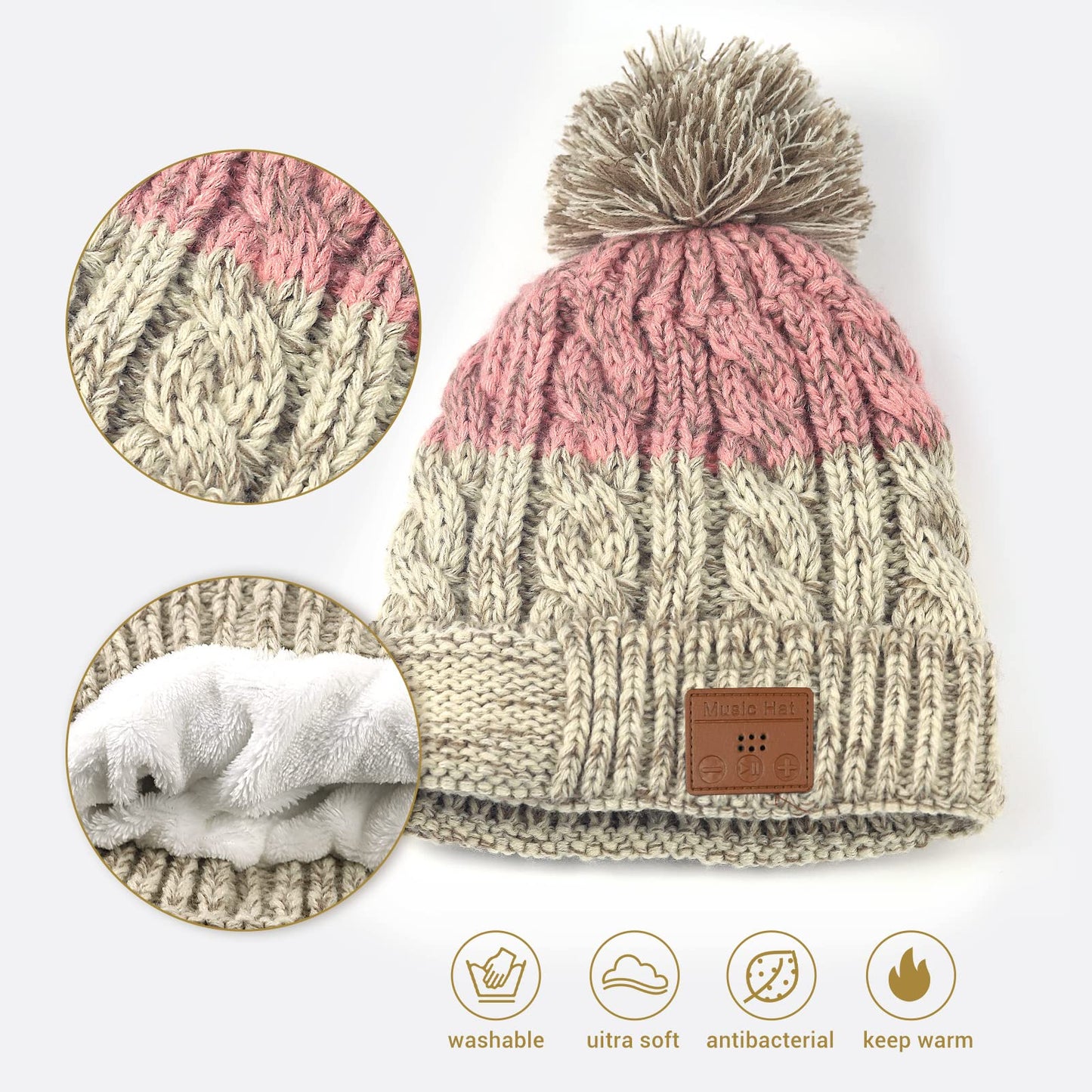 Bluetooth Beanie for Women, Wireless Knit Winter Cap, Built-in Microphone and HD Stereo Speakers, Beanie Hat with Headphones for Outdoor Homes and Gifts (Khaki & Pink)