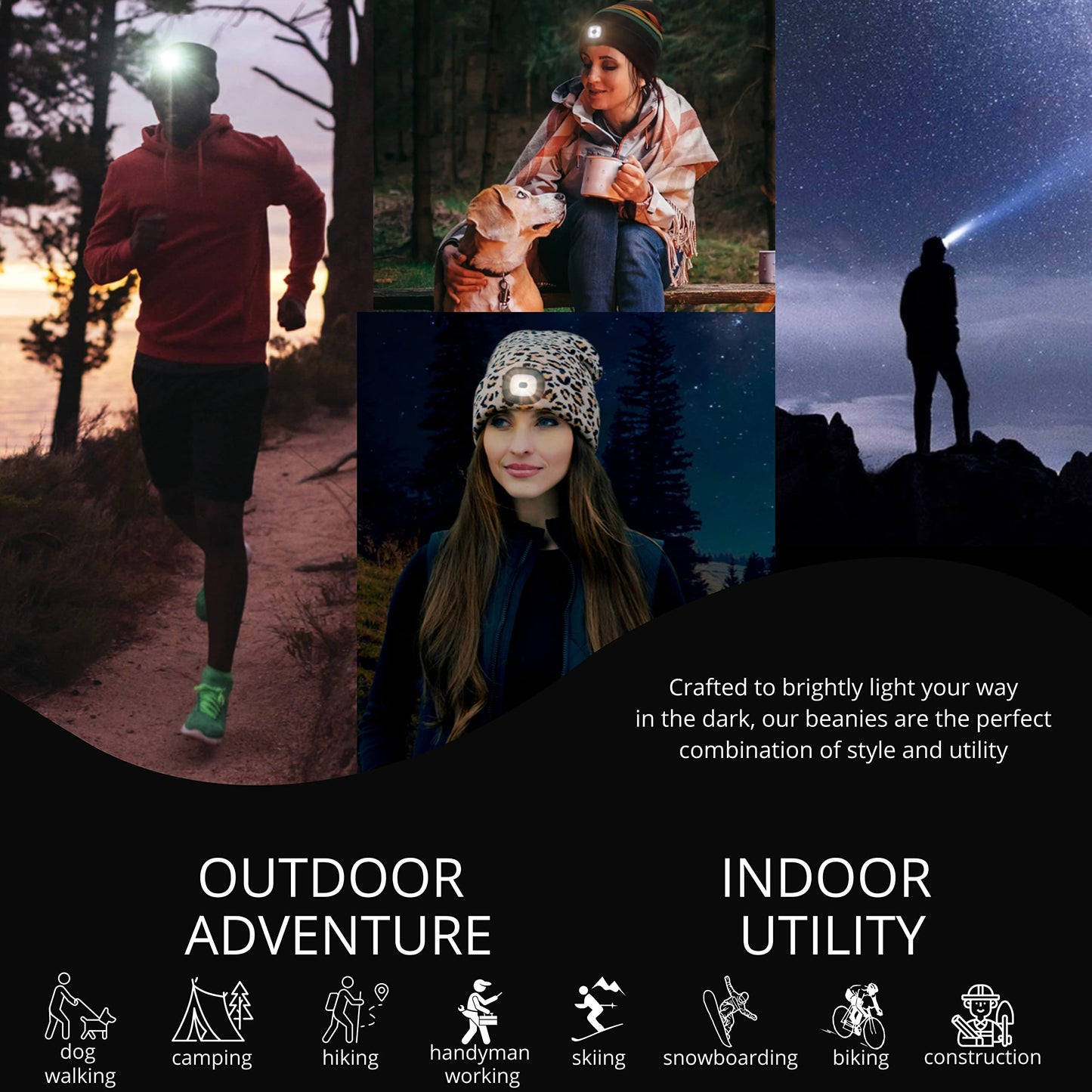 Night Scope Rechargeable LED Warm Knit Beanie Brightside Collection Hand-Free Lighted Head Lamp Hat for Women Men Girls Unisex - Wildcat