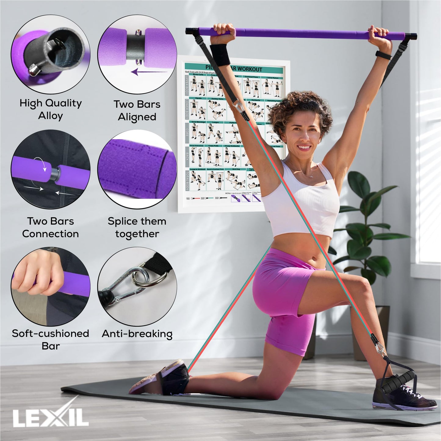 LEXIL Pilates Bar Exercise Kit-Stackable 3 Pairs of Resistance Bands (15, 20, 30LB) - Home Gym Equipment for Men and Women, Workout Kit for Body Toning,with Fitness Video