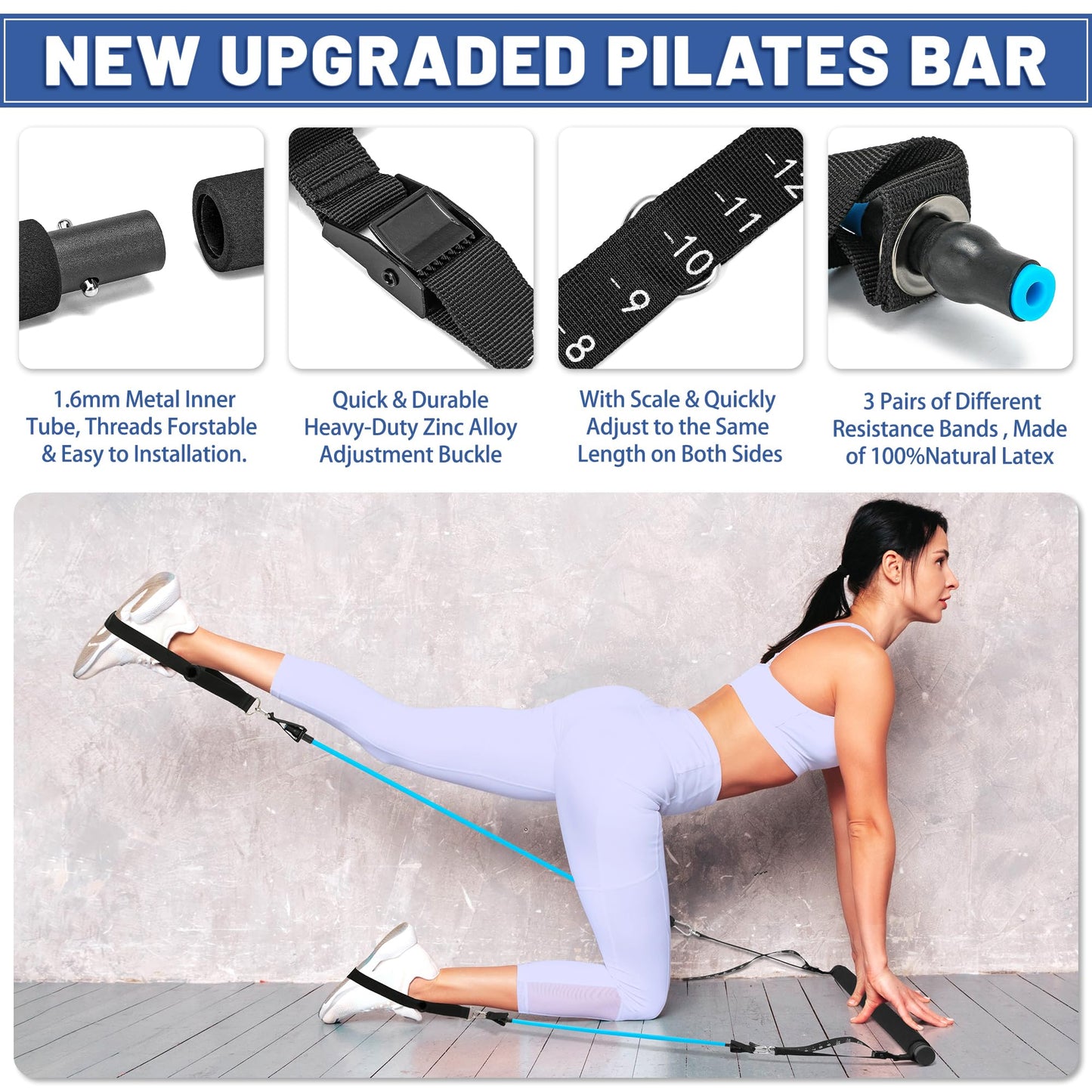 Pilates Bar Kit with Resistance Bands, Multifunctional Stretched Fusion Pilates Bar Kit for Women, Men, Pilates Sculpt Bar with Adjustable Buckle for Full Body Workouts, Squat Equipment