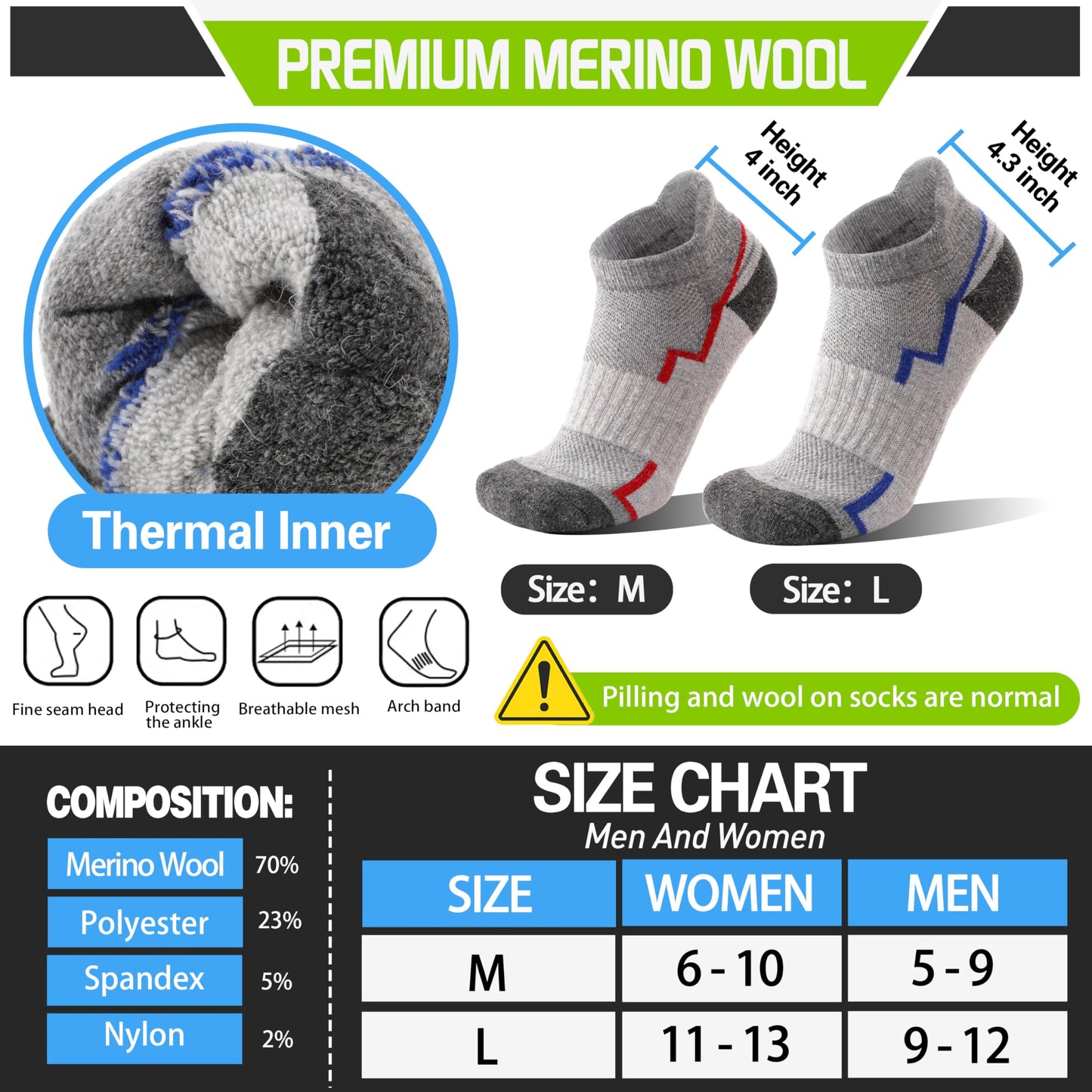 Welwoos Merino Wool Ankle Hiking Socks Thermal Warm Thick Winter Compression Support Running Cushion Athletic No Show Socks for Women Men Gifts Stocking Stuffers 6 Pairs(Light Grey,L)