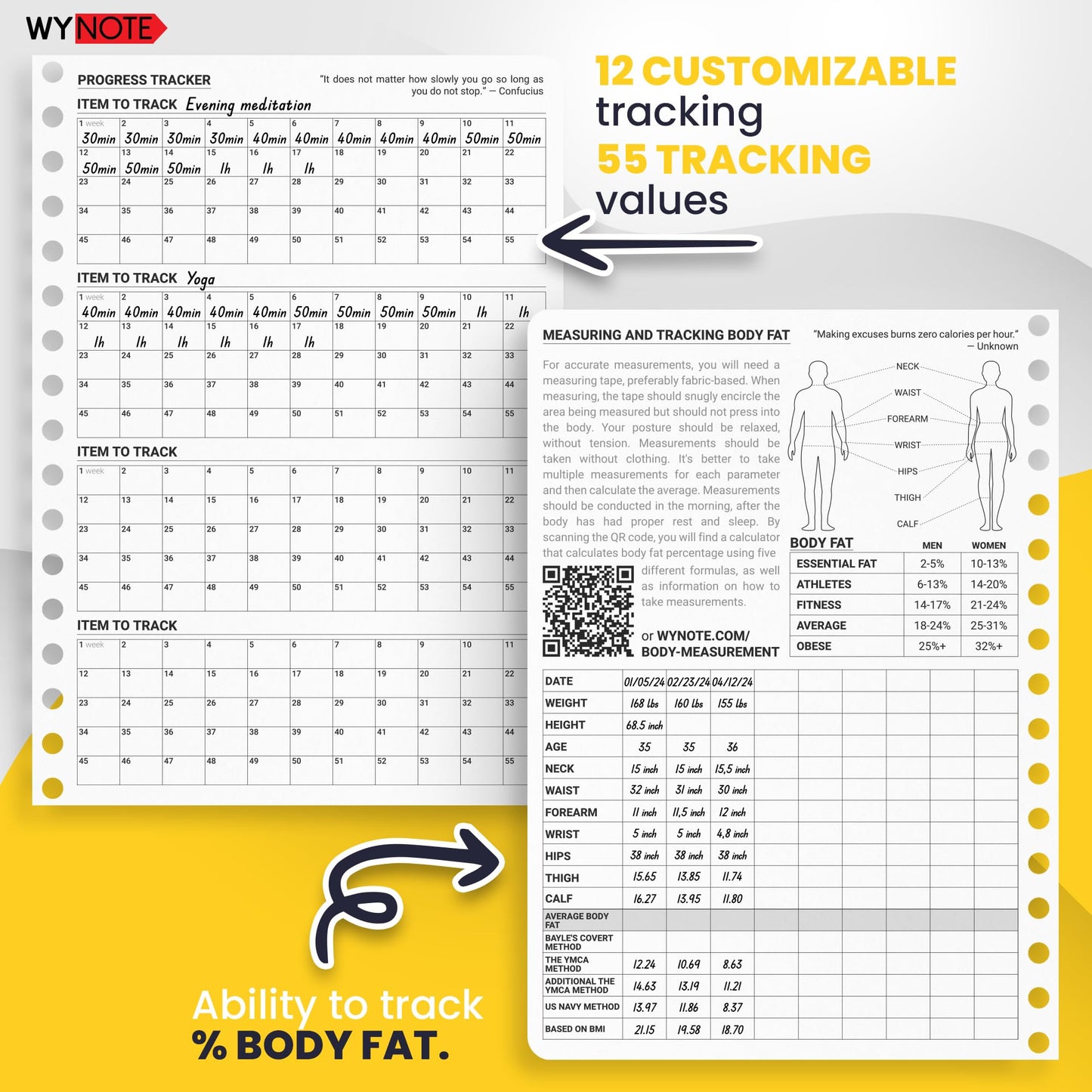 Fitness Journal Amber Yellow on 150+ Workouts + Yearly Calendar + 55 Tracking Values - A5 Workout Journal with Fat tracking - Planner to 12 items to track + 7 comparative periods + Goals