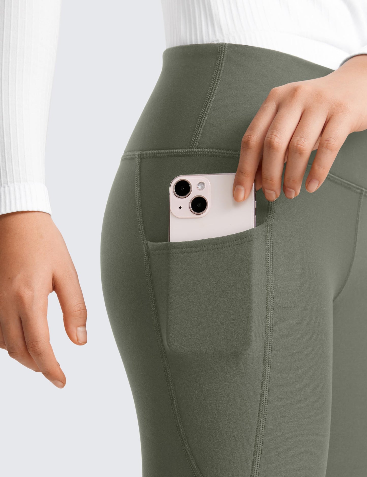 CRZ YOGA Girls Thermal Fleece Lined Athletic Leggings Water Resistant High Waist Warm Winter Kids Lounge Pants Side Pockets Light Army Green Medium